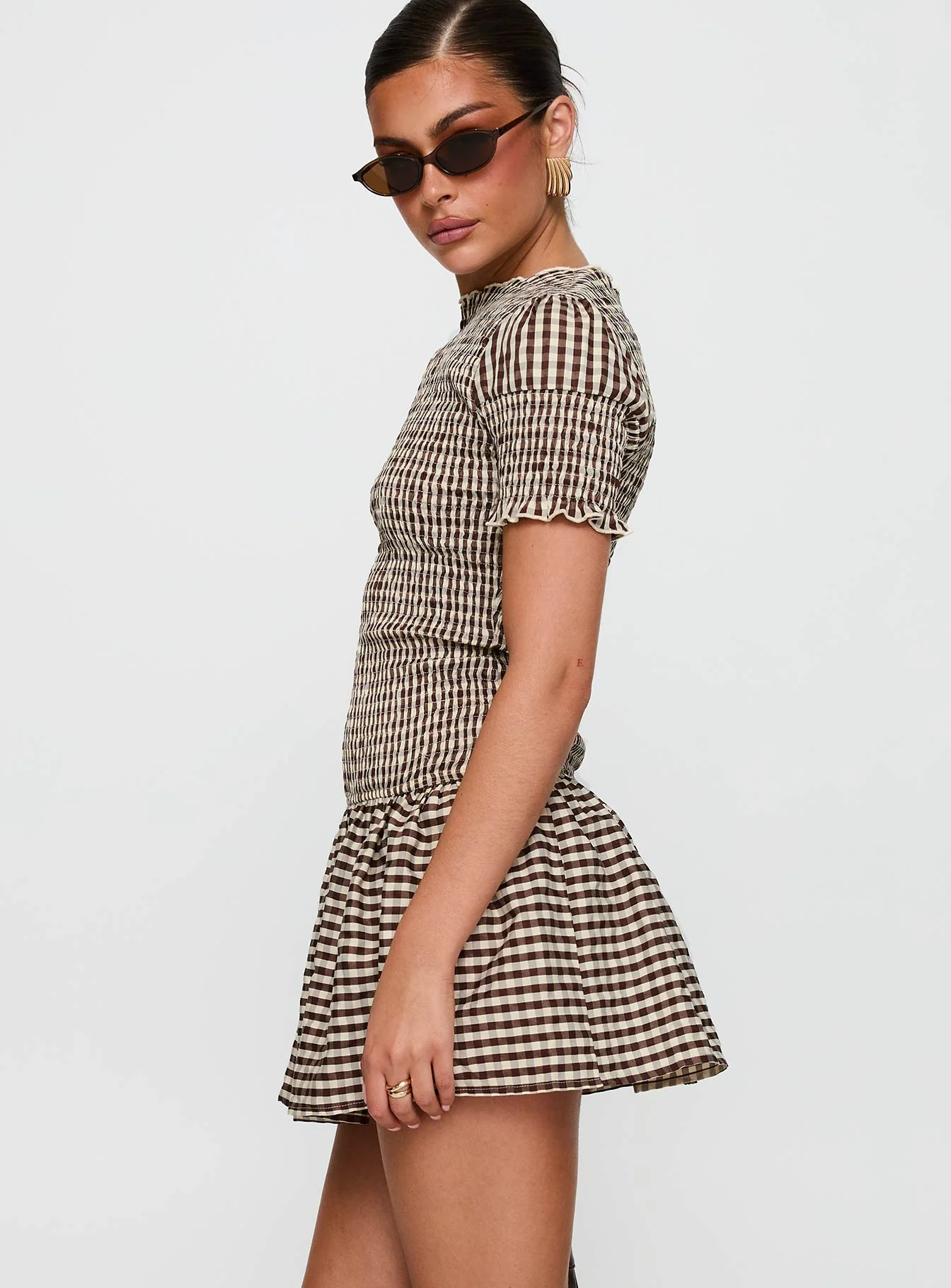 Laurita Shirred Mini Dress Brown Check - TREBLEV