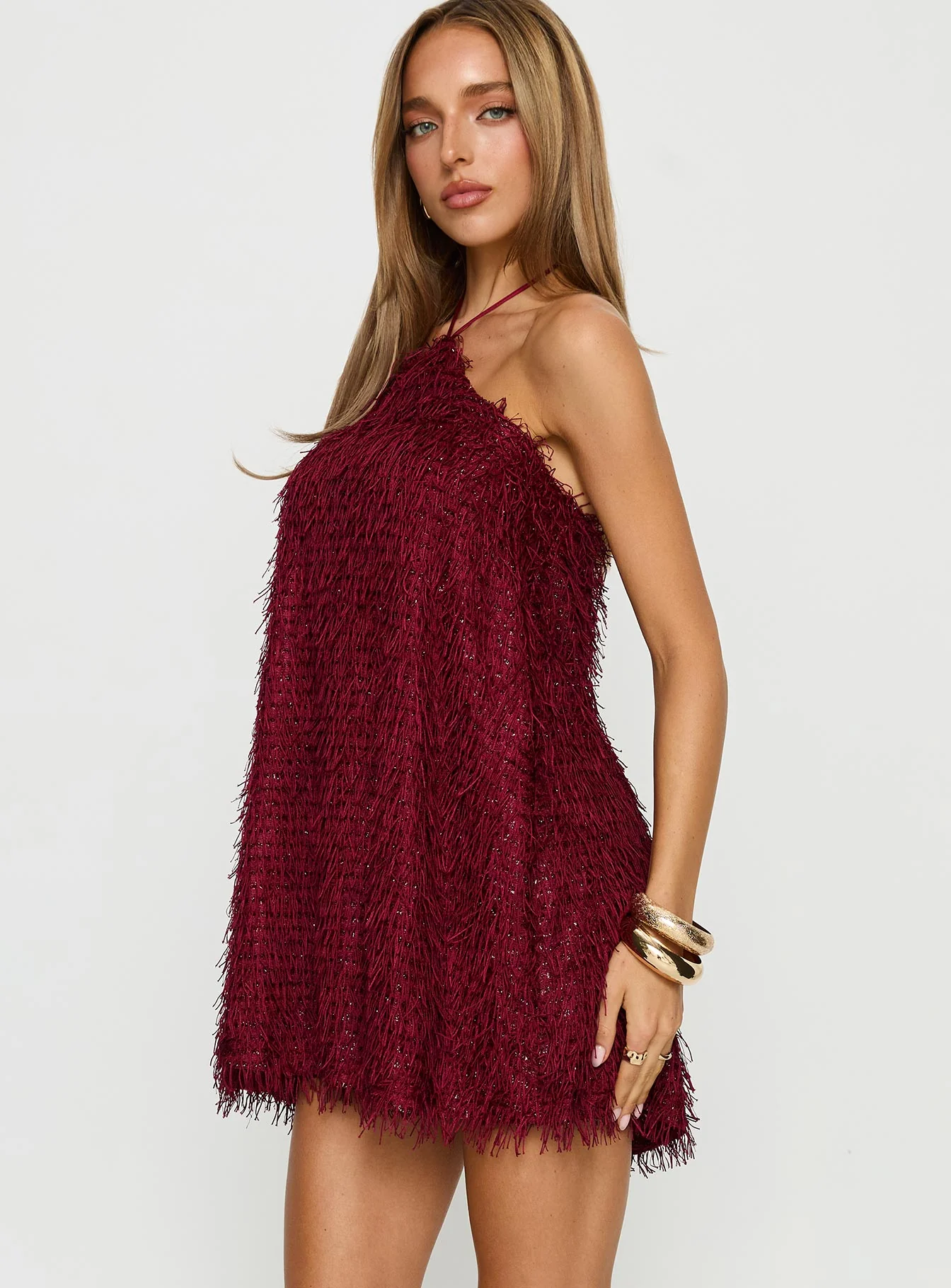 Koressa Halter Fringe Mini Dress Burgundy - TREBLEV