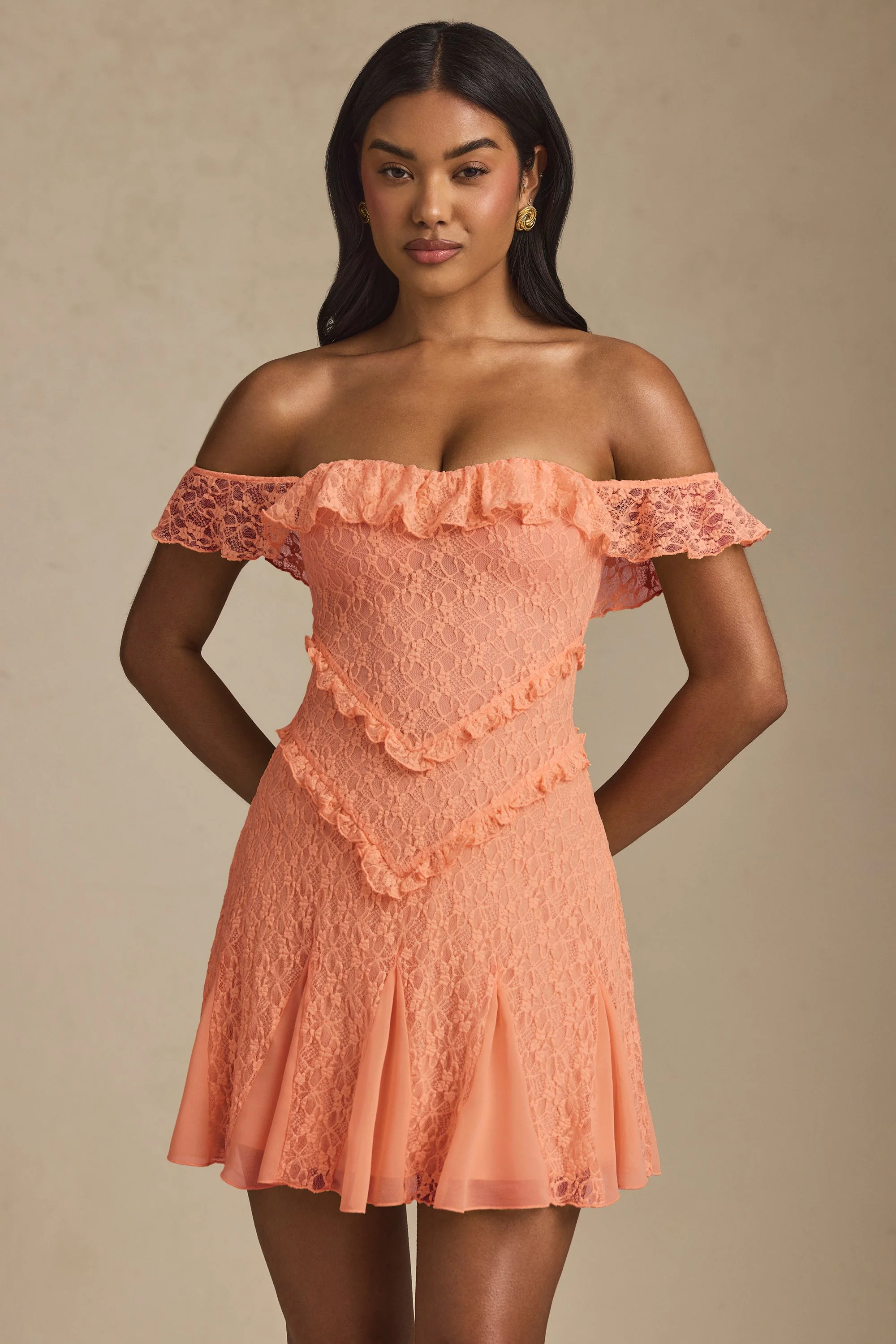 Off-Shoulder Lace A-Line Mini Dress in Peach - TREBLEV