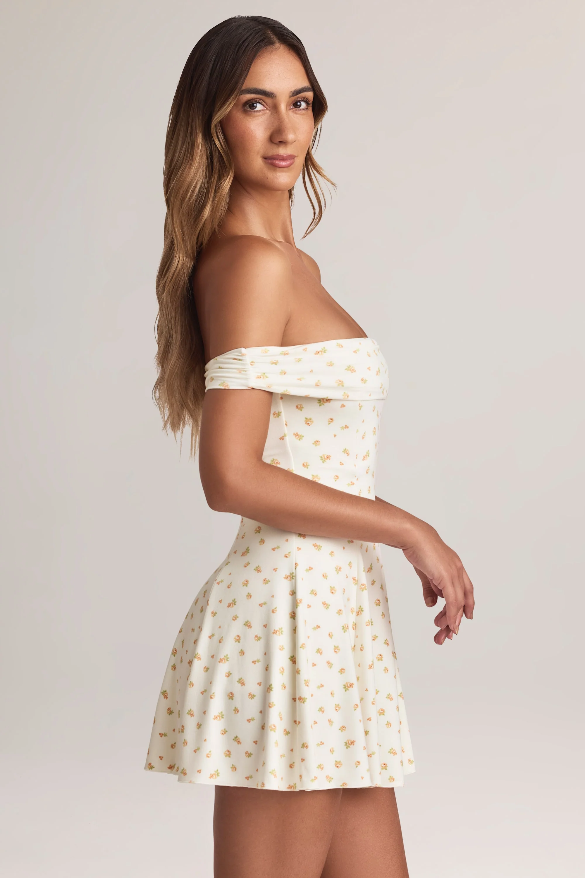 Modal Off-Shoulder A-Line Mini Dress in Floral Print - TREBLEV