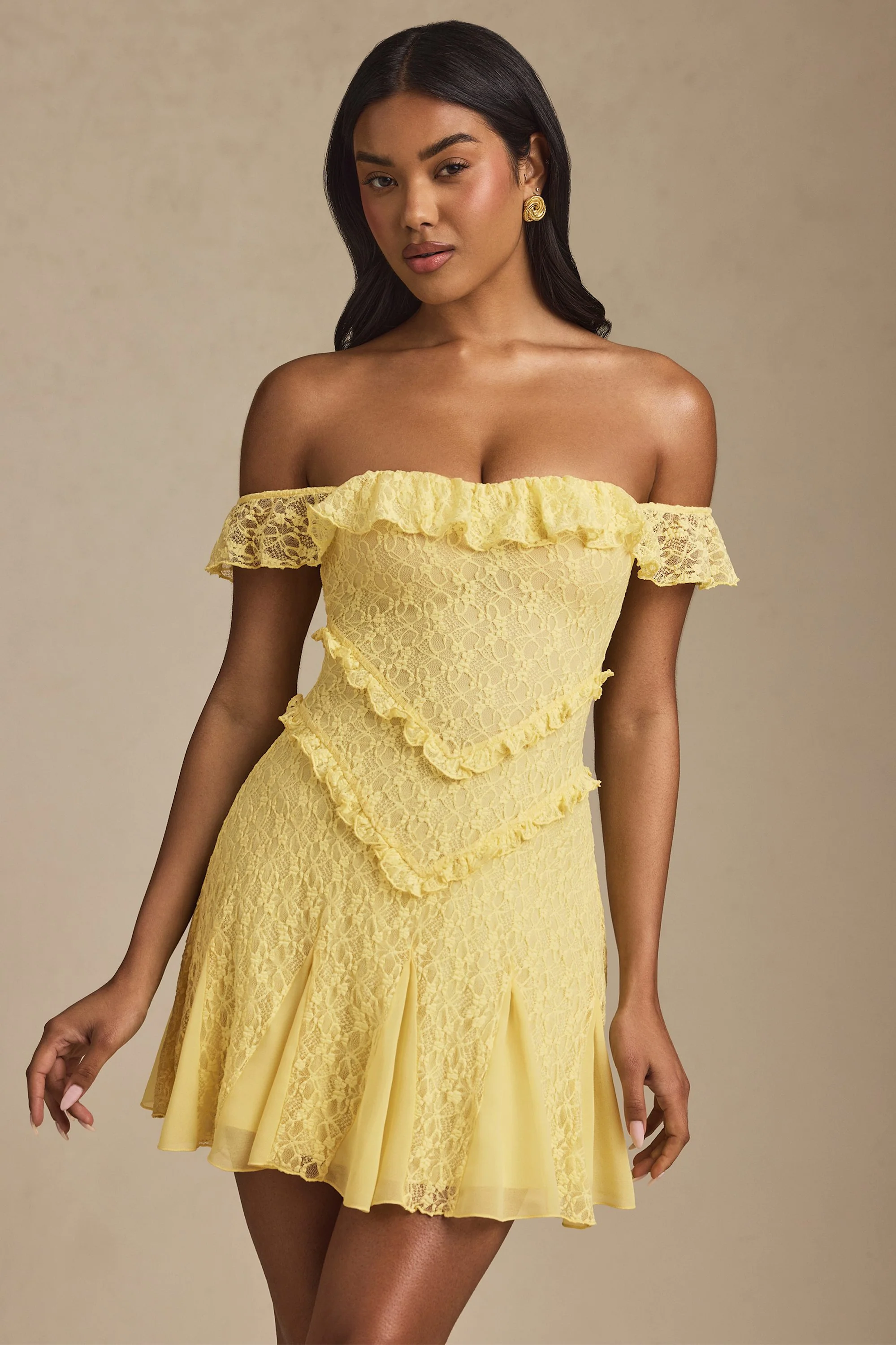 Off-Shoulder Lace A-Line Mini Dress in Pastel Yellow - TREBLEV