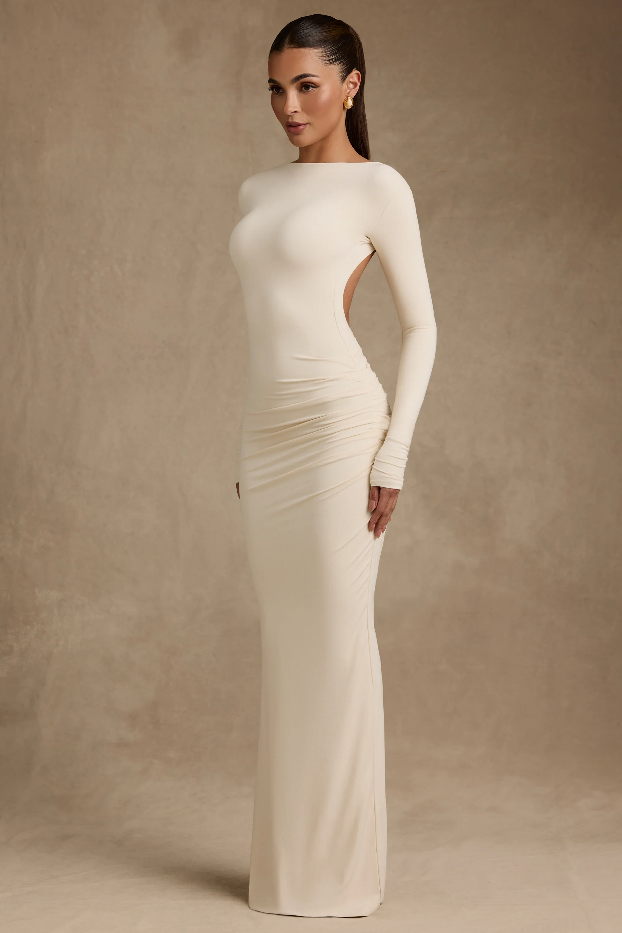 Modal Ruched Backless Maxi Dress in Ivory - TREBLEV