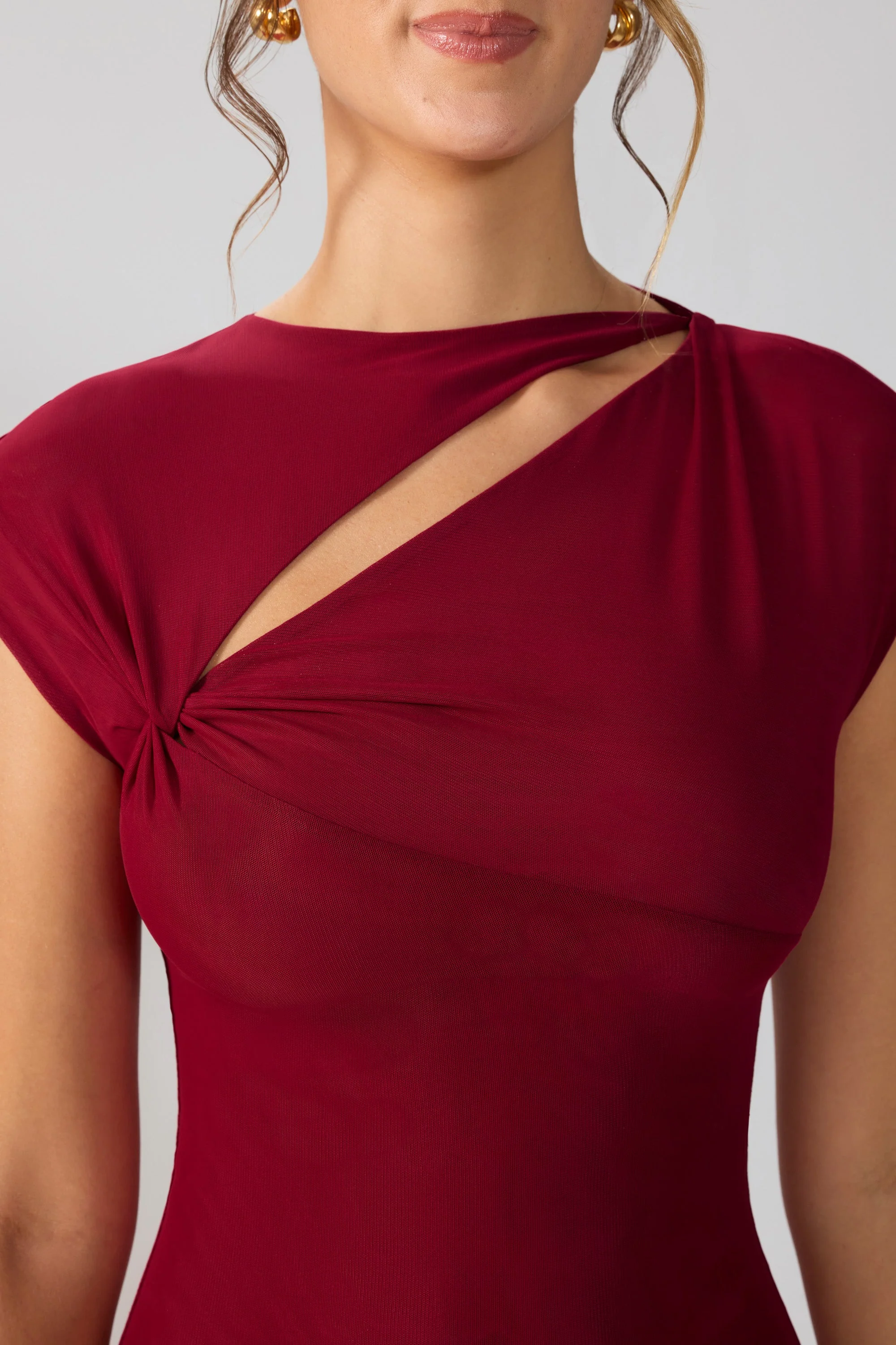 Mesh Cap Sleeve Cut Out Mini Dress in Ruby - TREBLEV