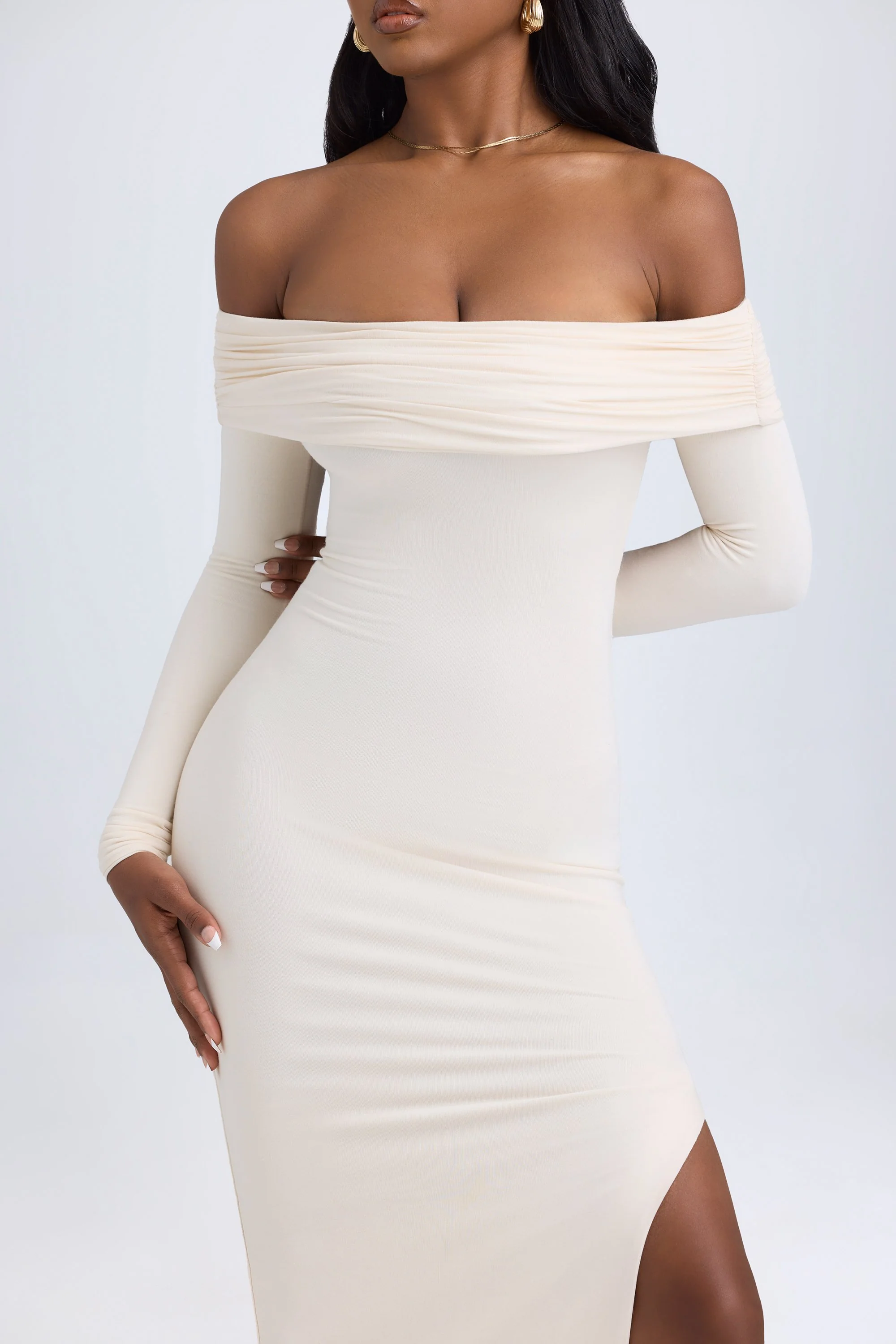 Modal Off-Shoulder Open-Back Maxi Dress in Ivory - TREBLEV