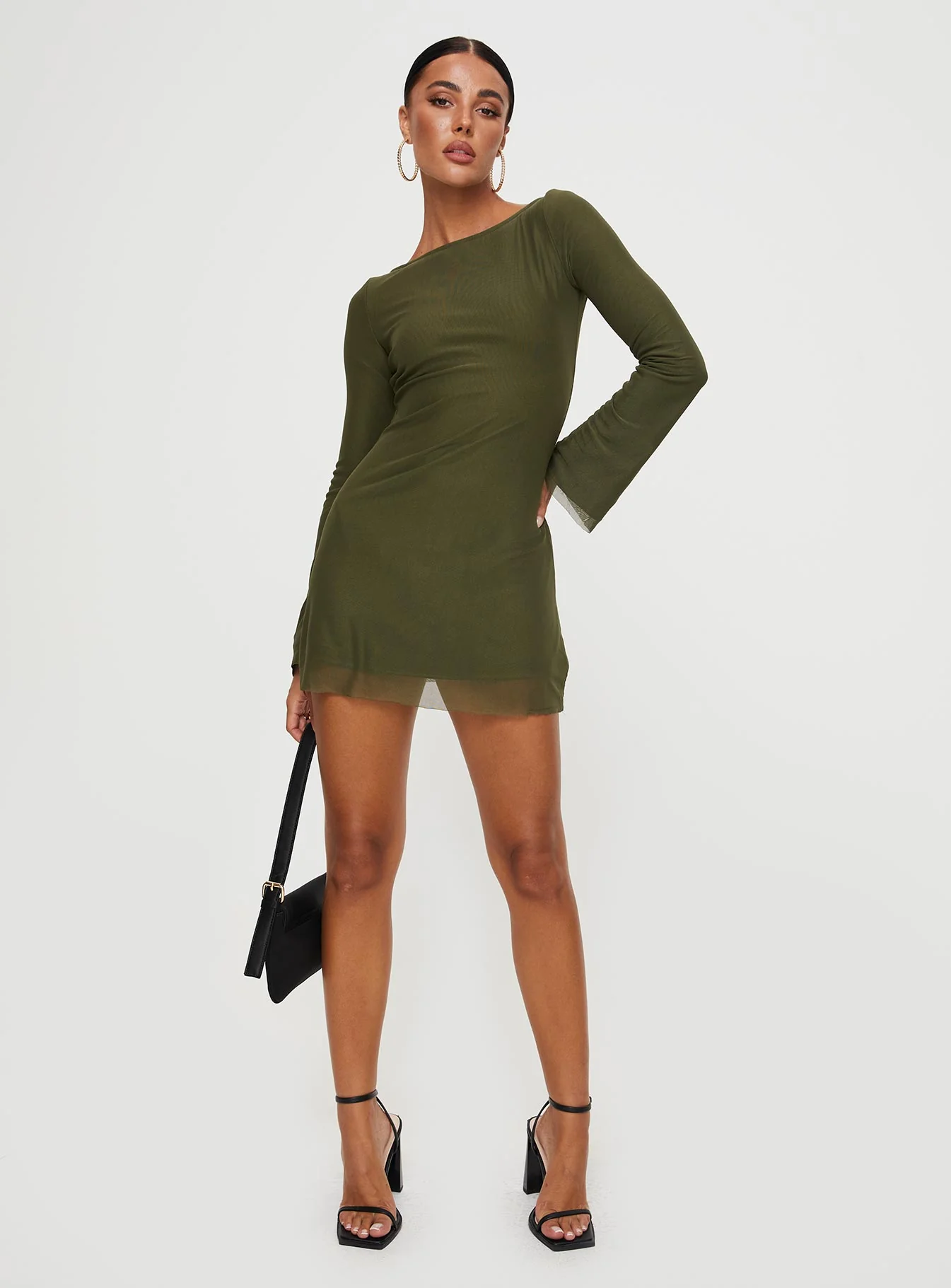 Lukea Long Sleeve Mesh Mini Dress Olive - TREBLEV