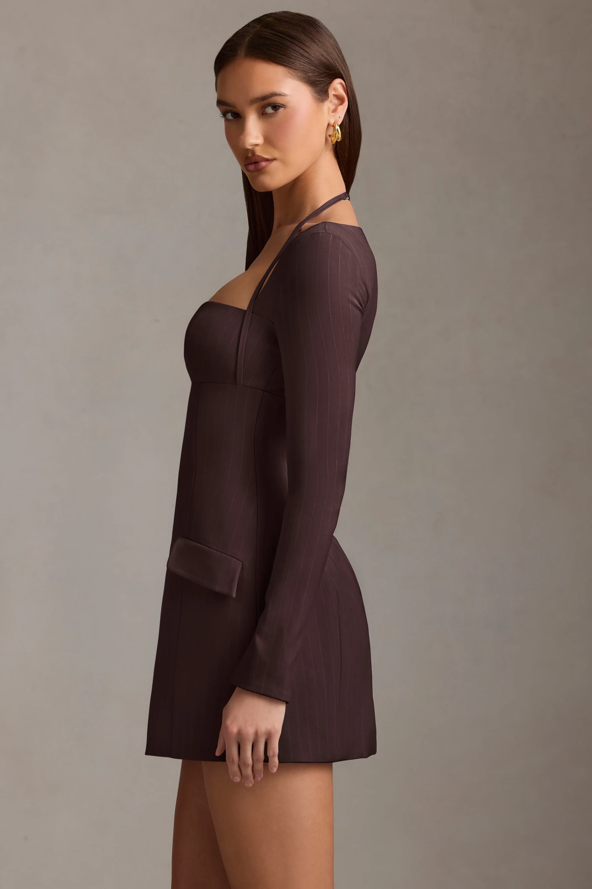 Pinstripe Structured A-Line Mini Dress in Chocolate Brown - TREBLEV