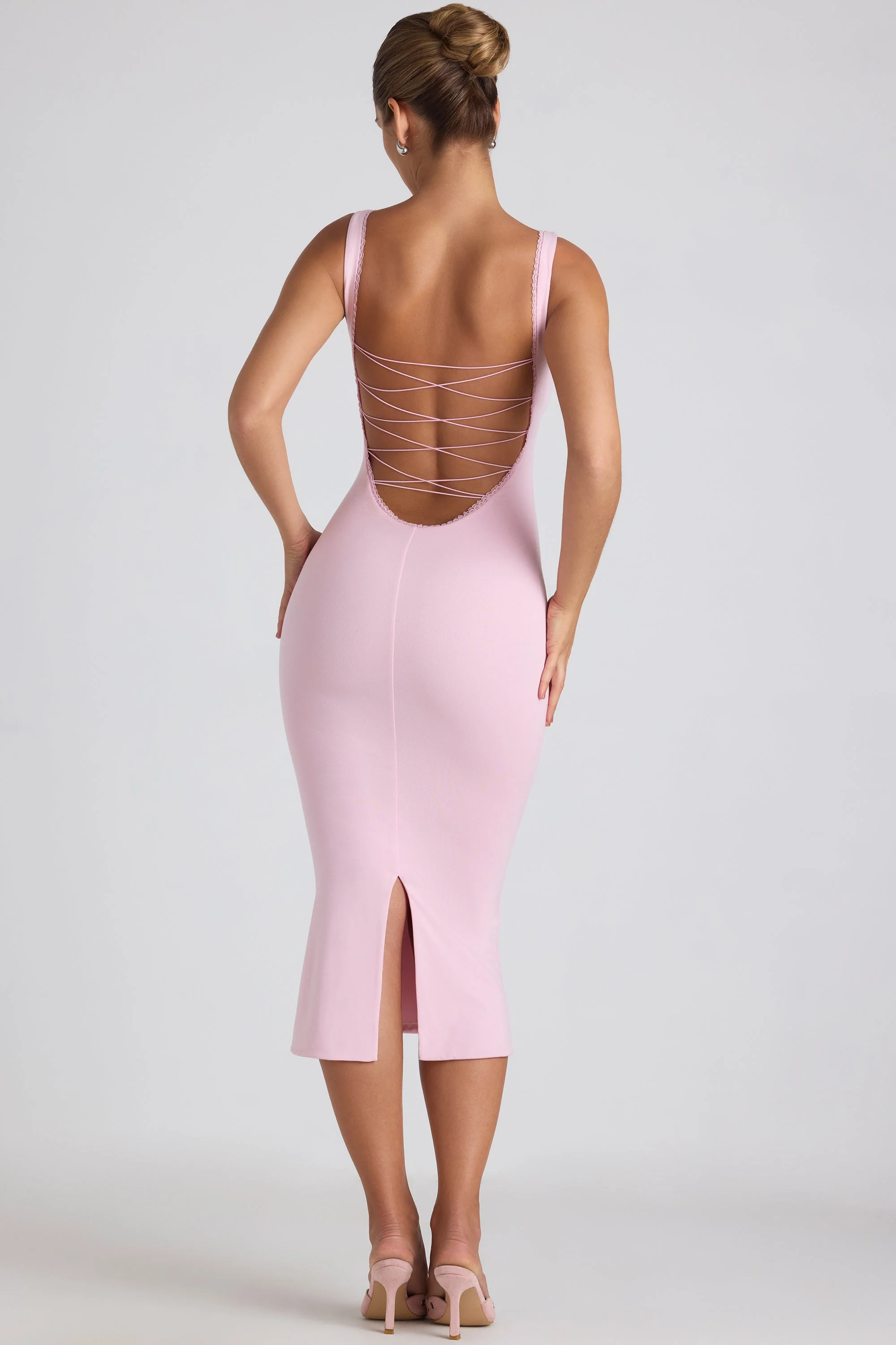 Modal Lace-Trim Midaxi Dress in Soft Pink - TREBLEV