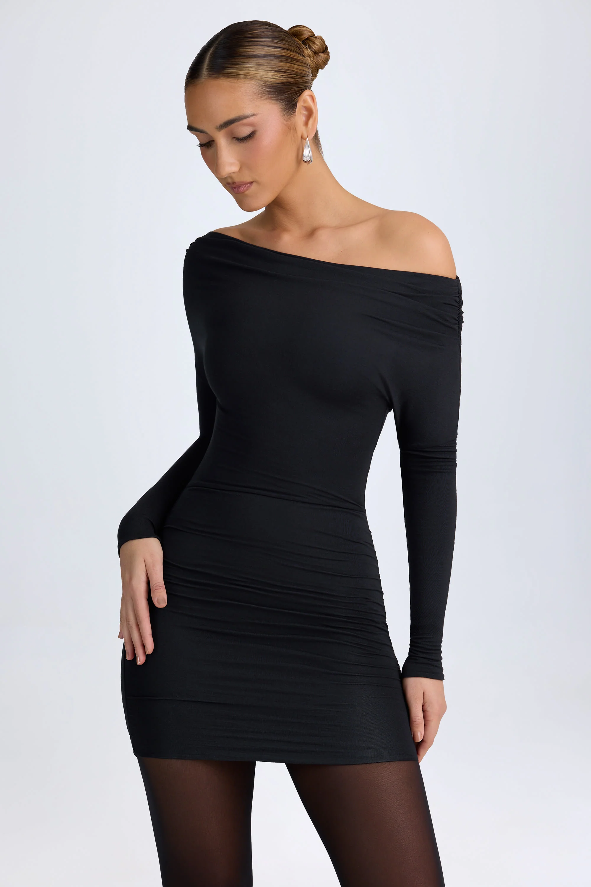 Modal Off-Shoulder Ruched Mini Dress in Black - TREBLEV