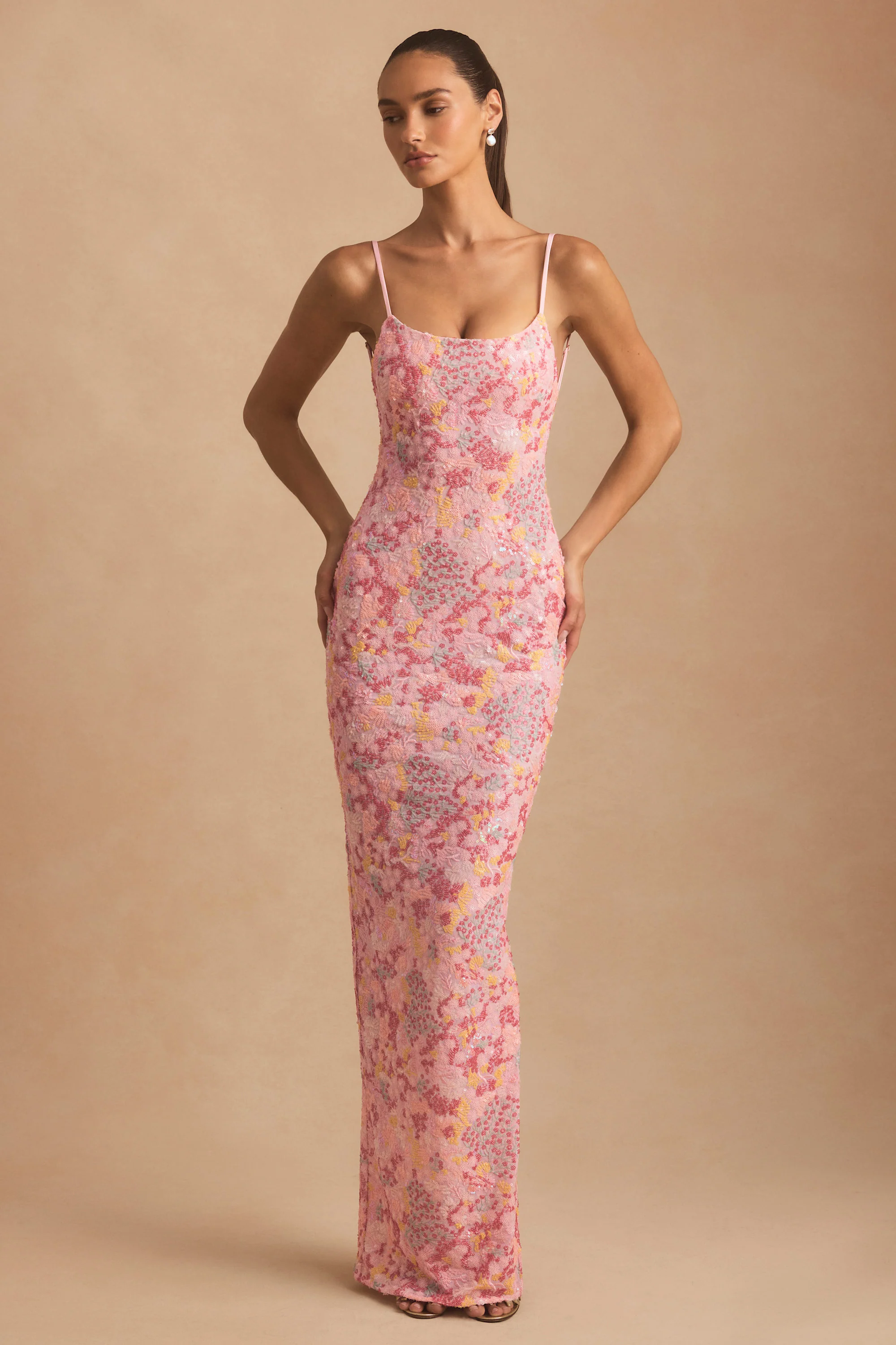Embellished Scoop-Neck Backless Maxi Dress in Pink - TREBLEV