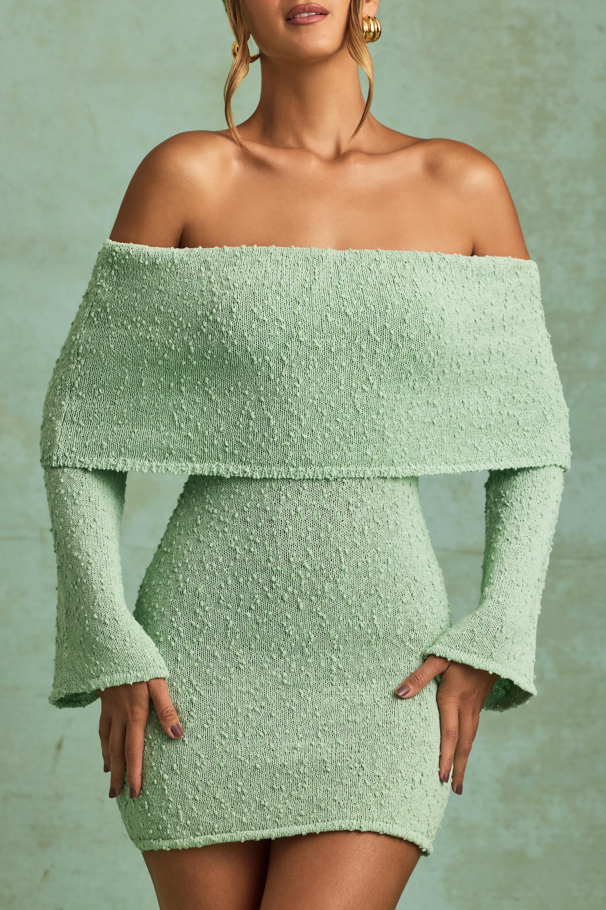 Bouclé Off-Shoulder Mini Dress in Mint - TREBLEV