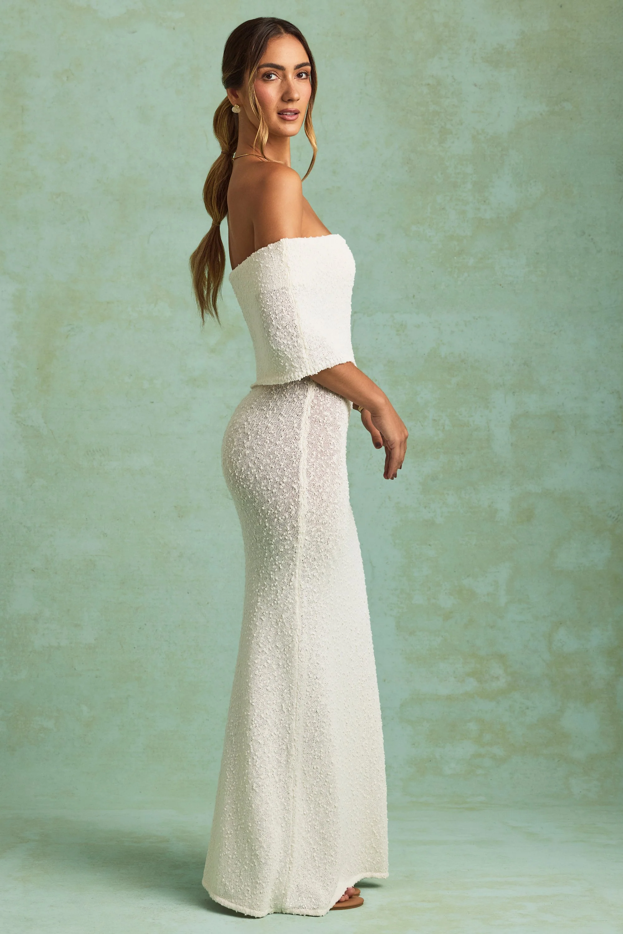 Bouclé Off-Shoulder Maxi Dress in White - TREBLEV