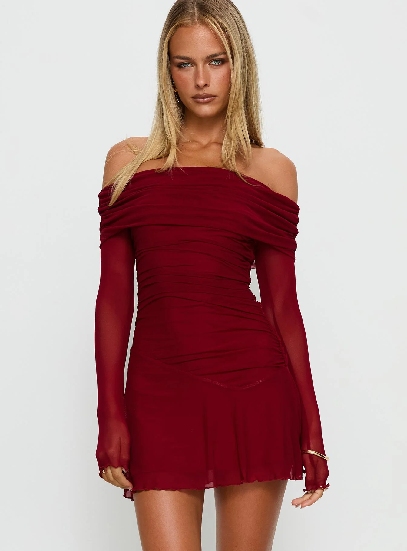 Koki Long Sleeve Off Shoulder Mini Dress Red - TREBLEV