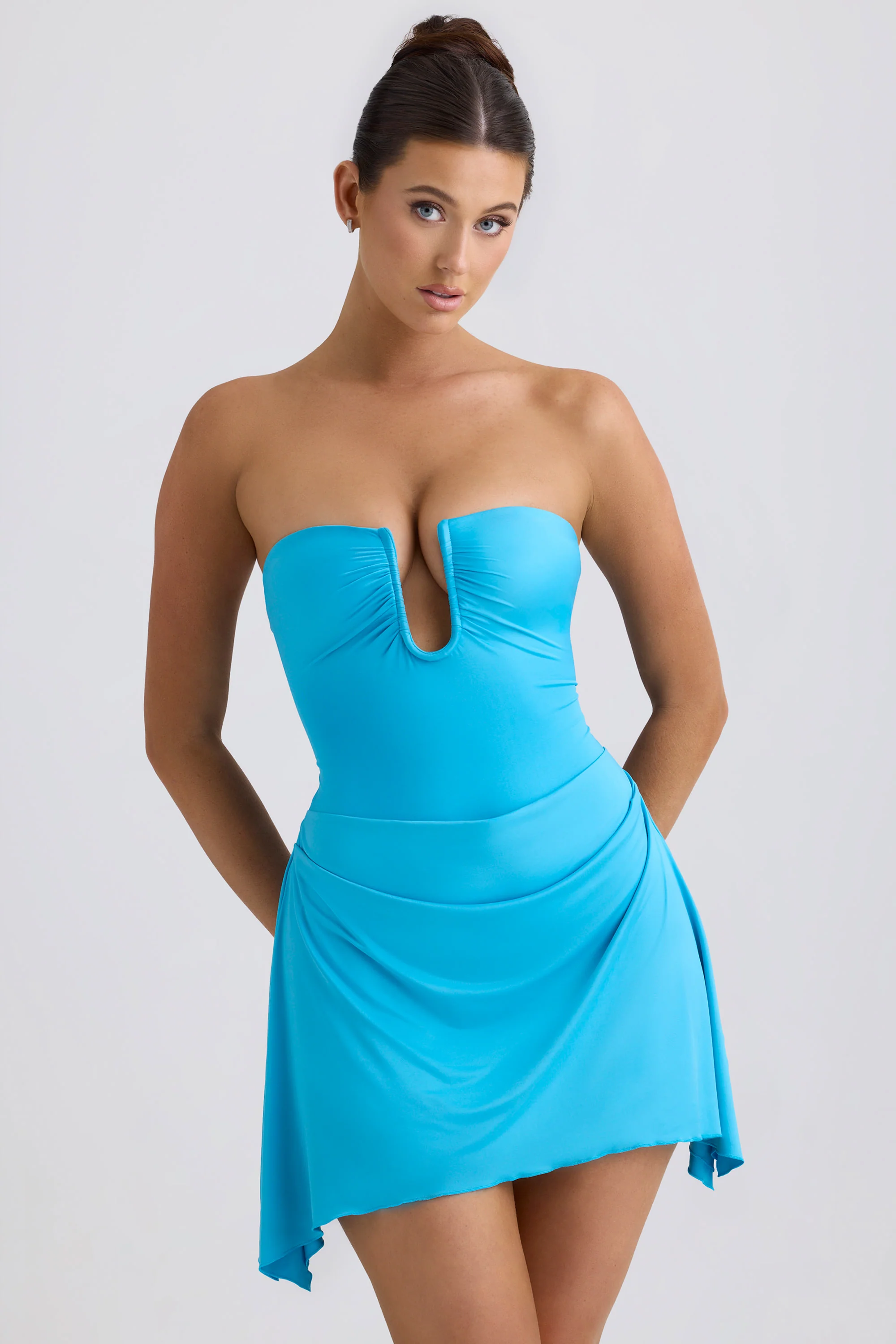 Slinky Jersey Draped A-Line Mini Dress in Aqua Blue - TREBLEV