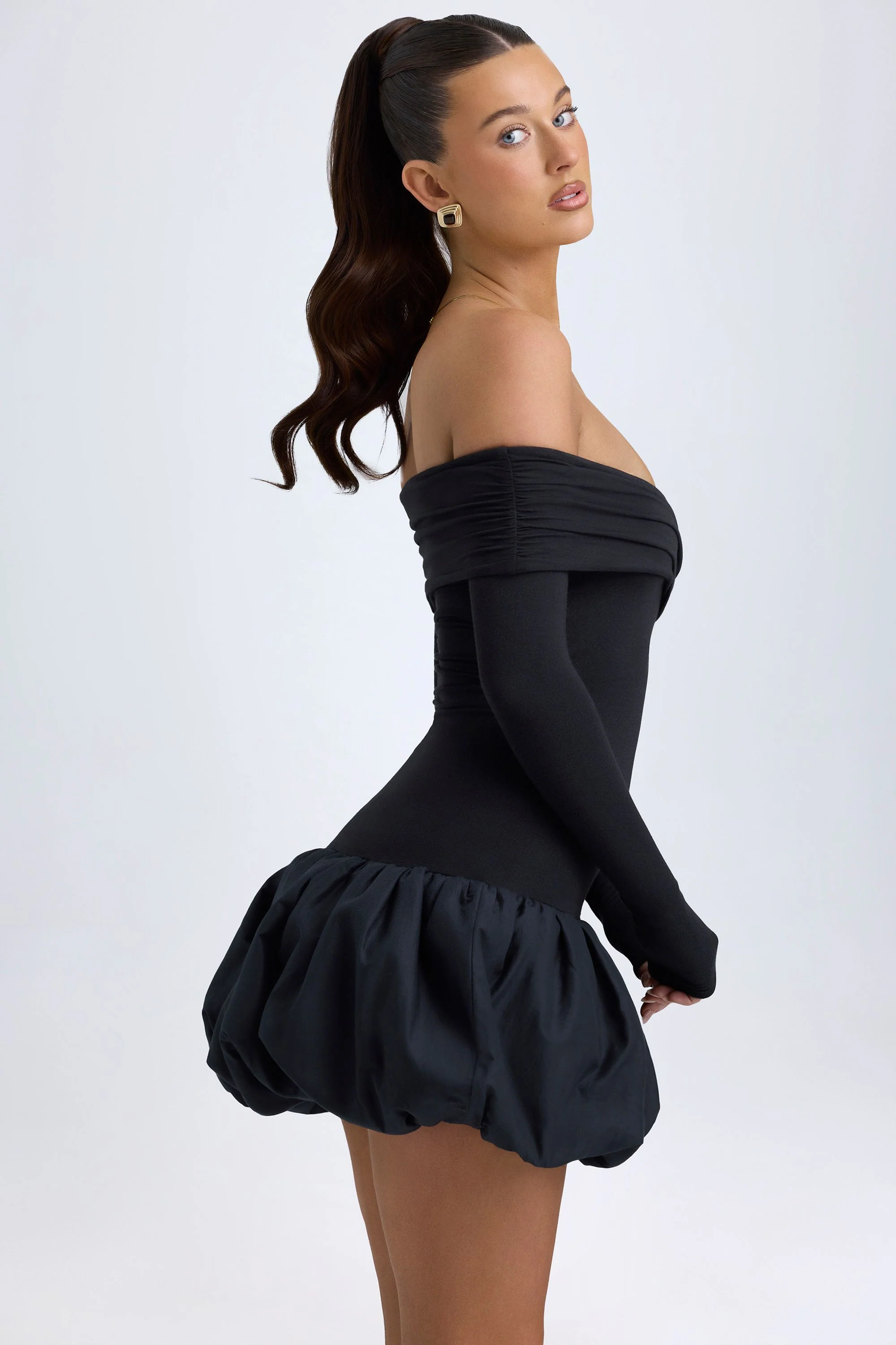 Modal Off-Shoulder Bubble Hem Mini Dress in Black - TREBLEV