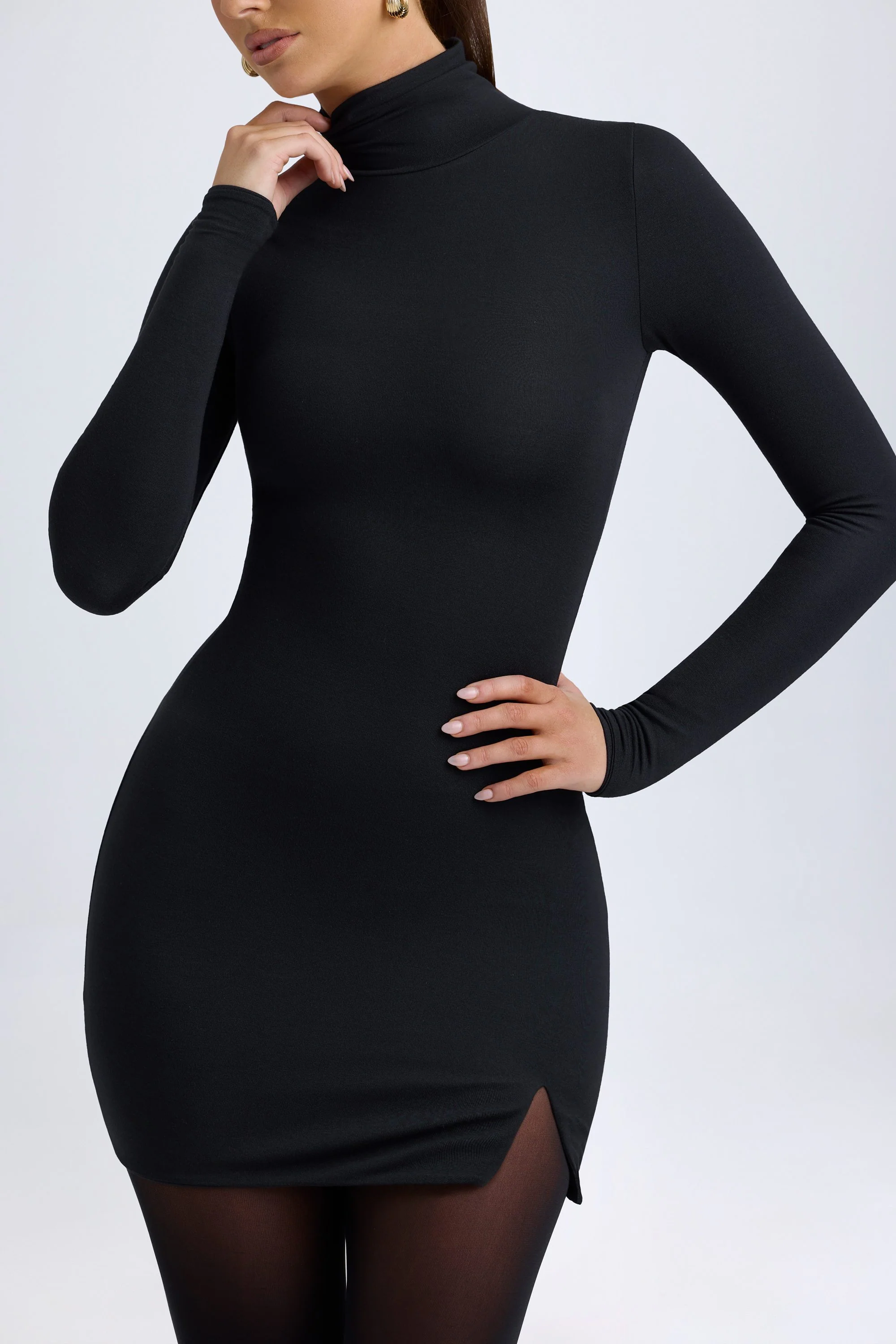 Modal Turtleneck Mini Dress in Black - TREBLEV