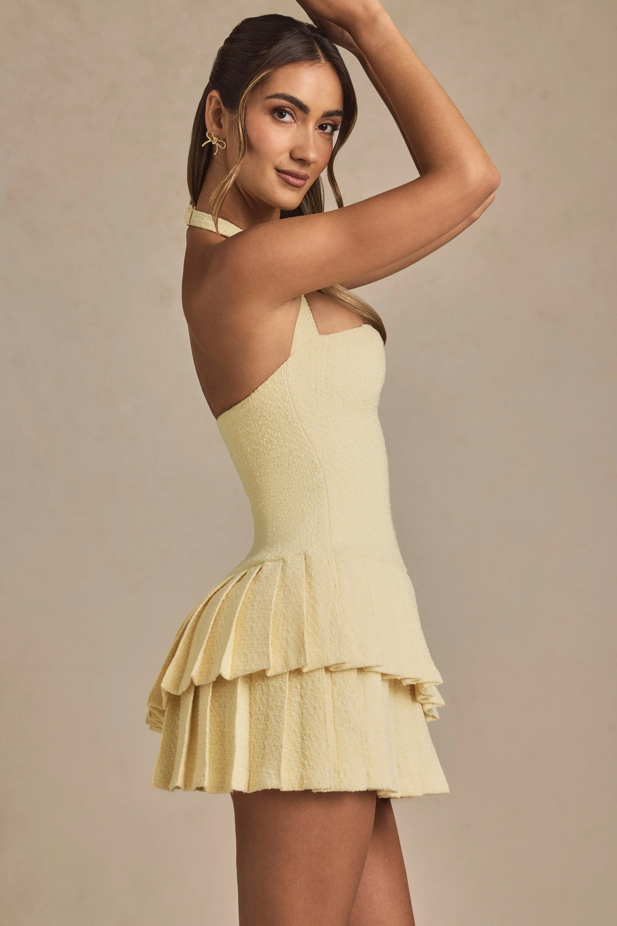 Asymmetric Layered Halterneck Mini Dress in Pastel Yellow - TREBLEV