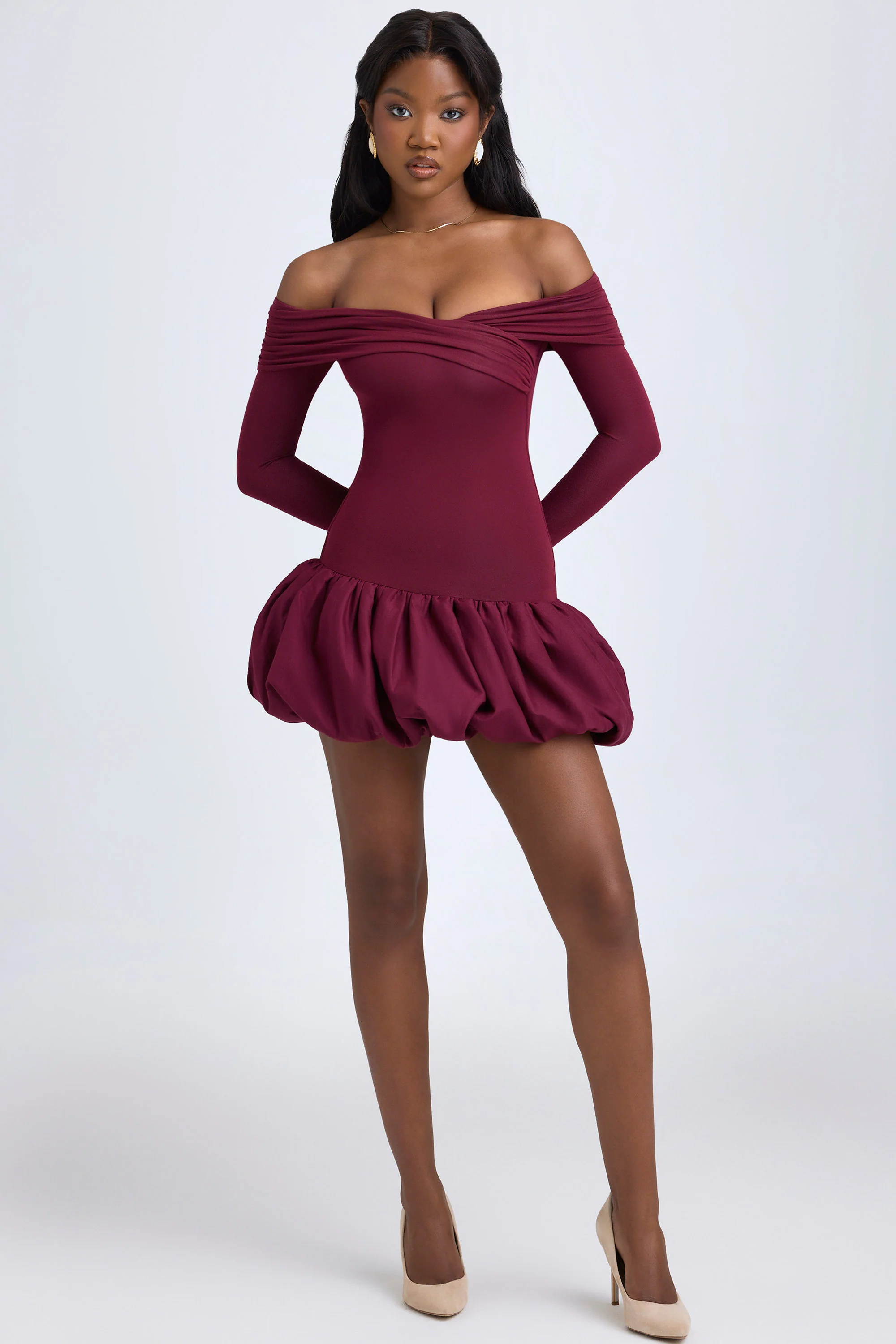 Modal Off-Shoulder Bubble Hem Mini Dress in Wine Red - TREBLEV