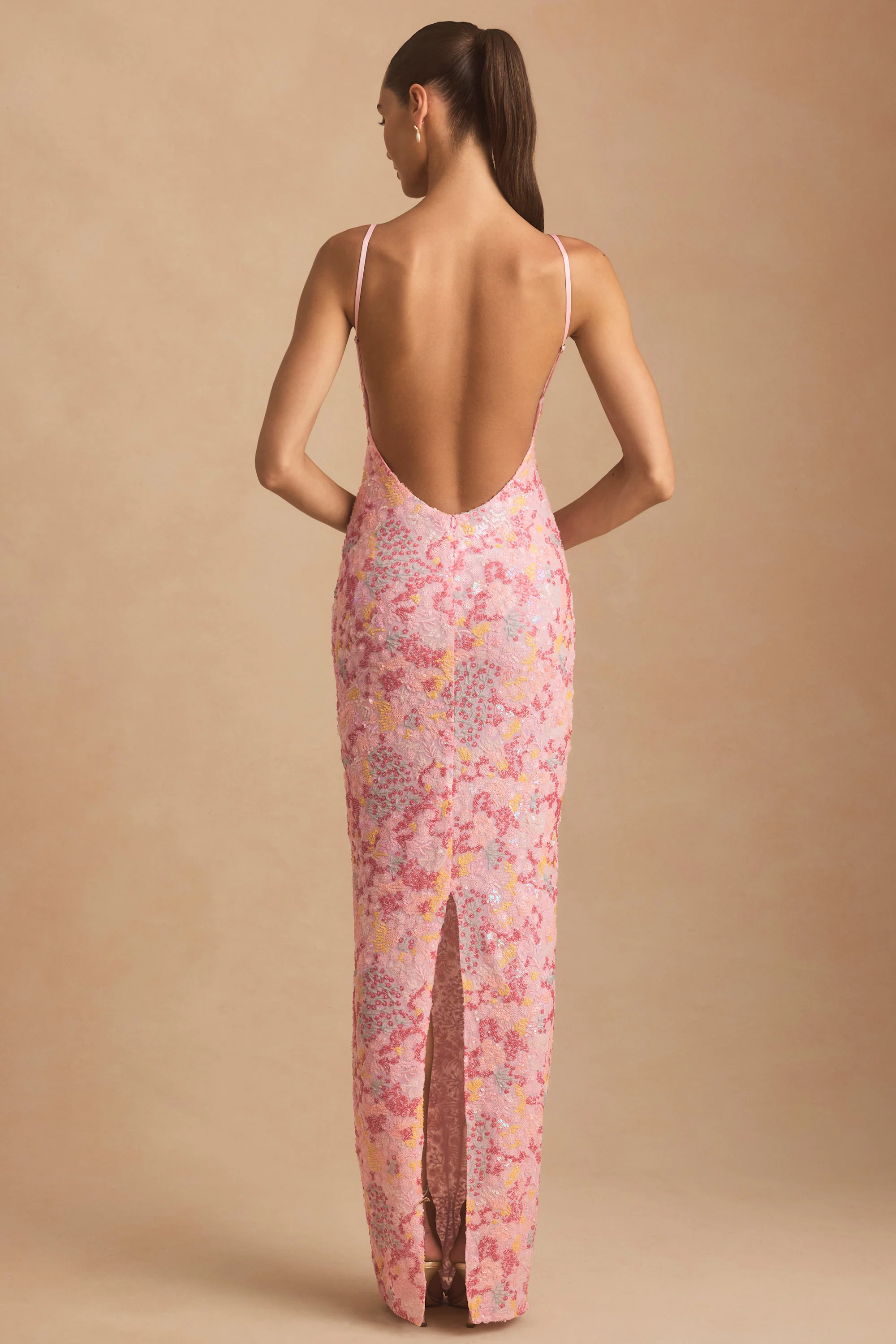 Embellished Scoop-Neck Backless Maxi Dress in Pink - TREBLEV