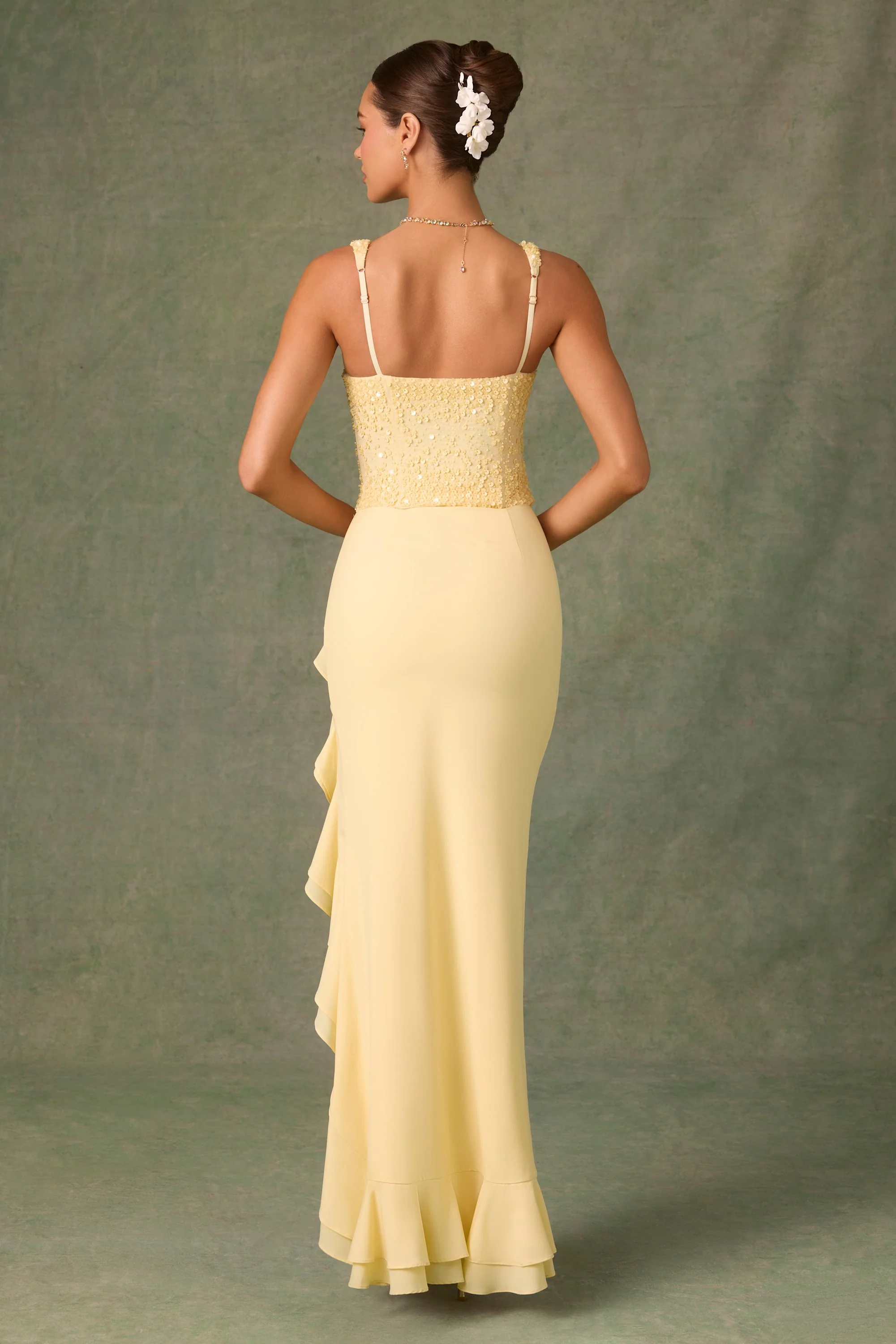 Embellished Ruffle-Trim Corset Gown in Yellow - TREBLEV