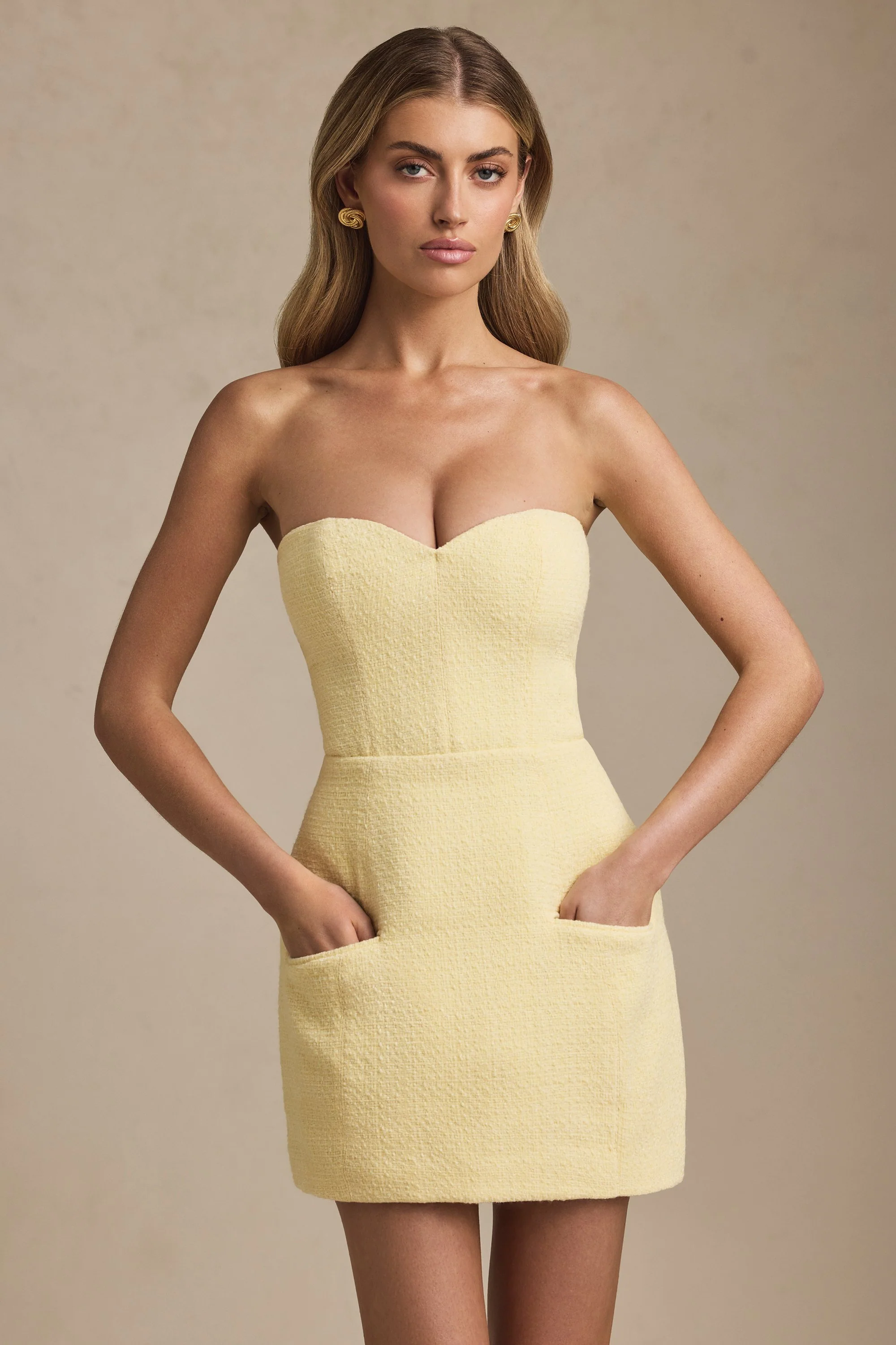 Sweetheart-Neck Strapless Structured Mini Dress in Pastel Yellow - TREBLEV