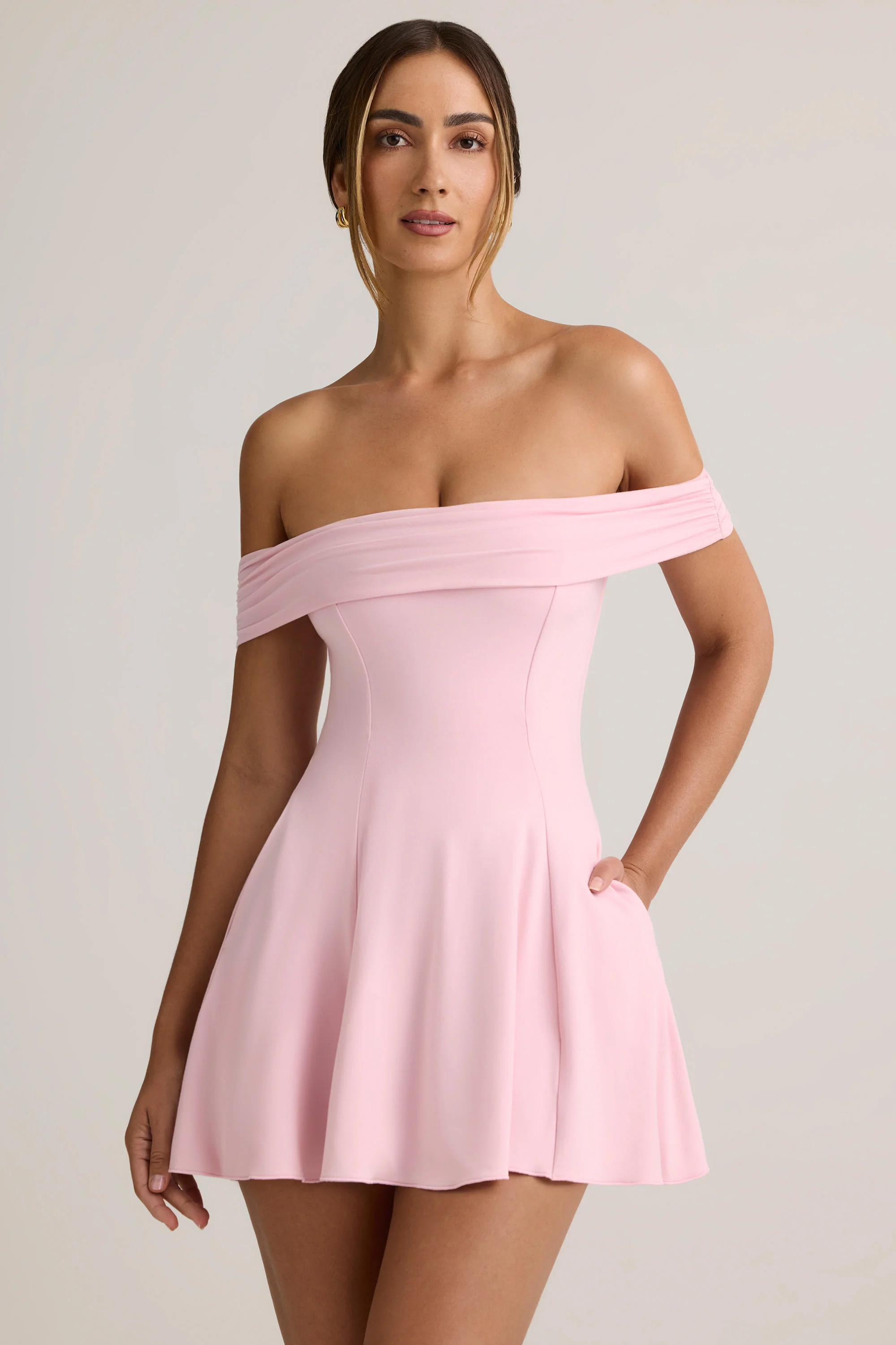 Modal Off-Shoulder A-Line Mini Dress in Baby Pink - TREBLEV