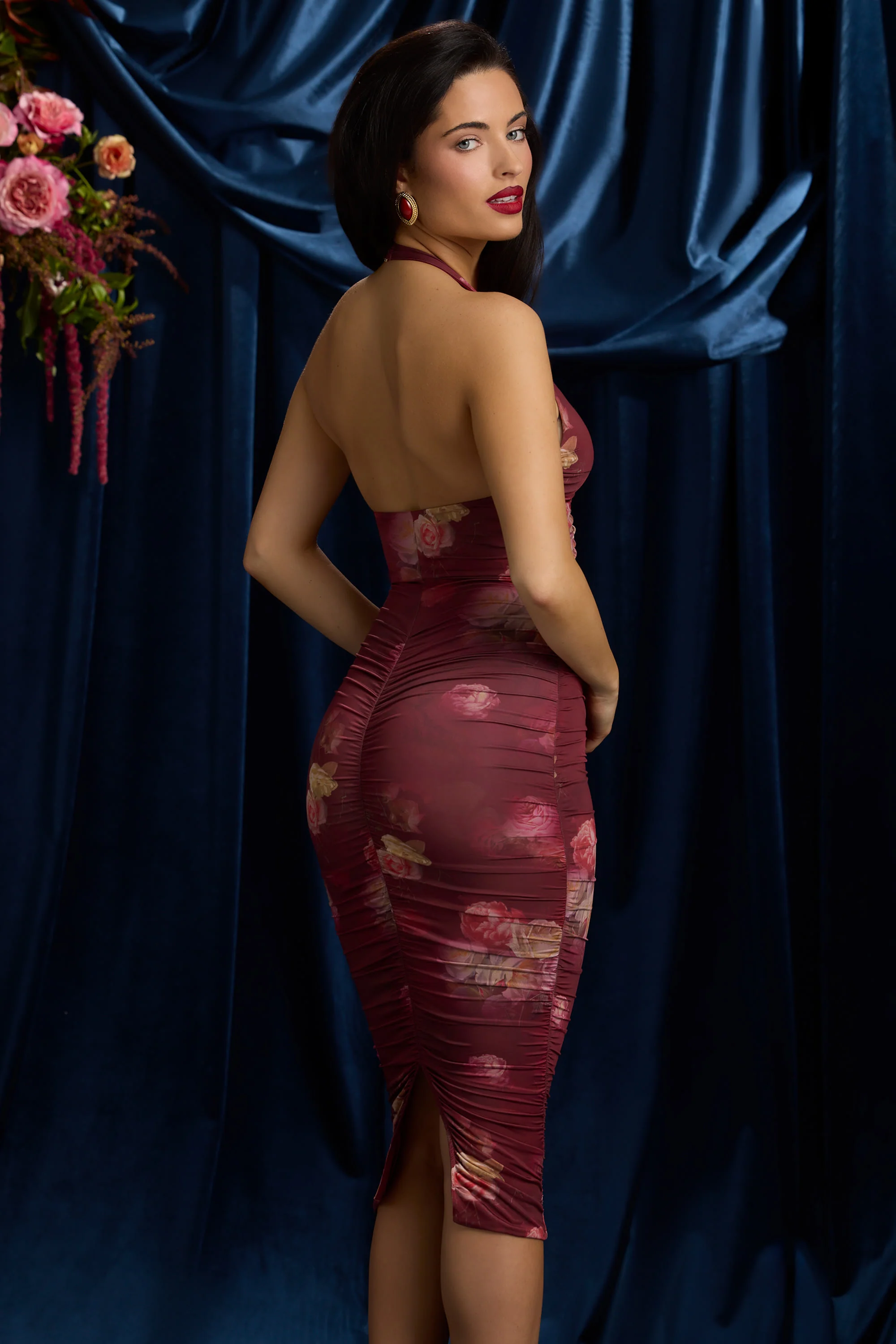 Ruched Plunge Halterneck Midi Dress in Maroon Floral Print - TREBLEV