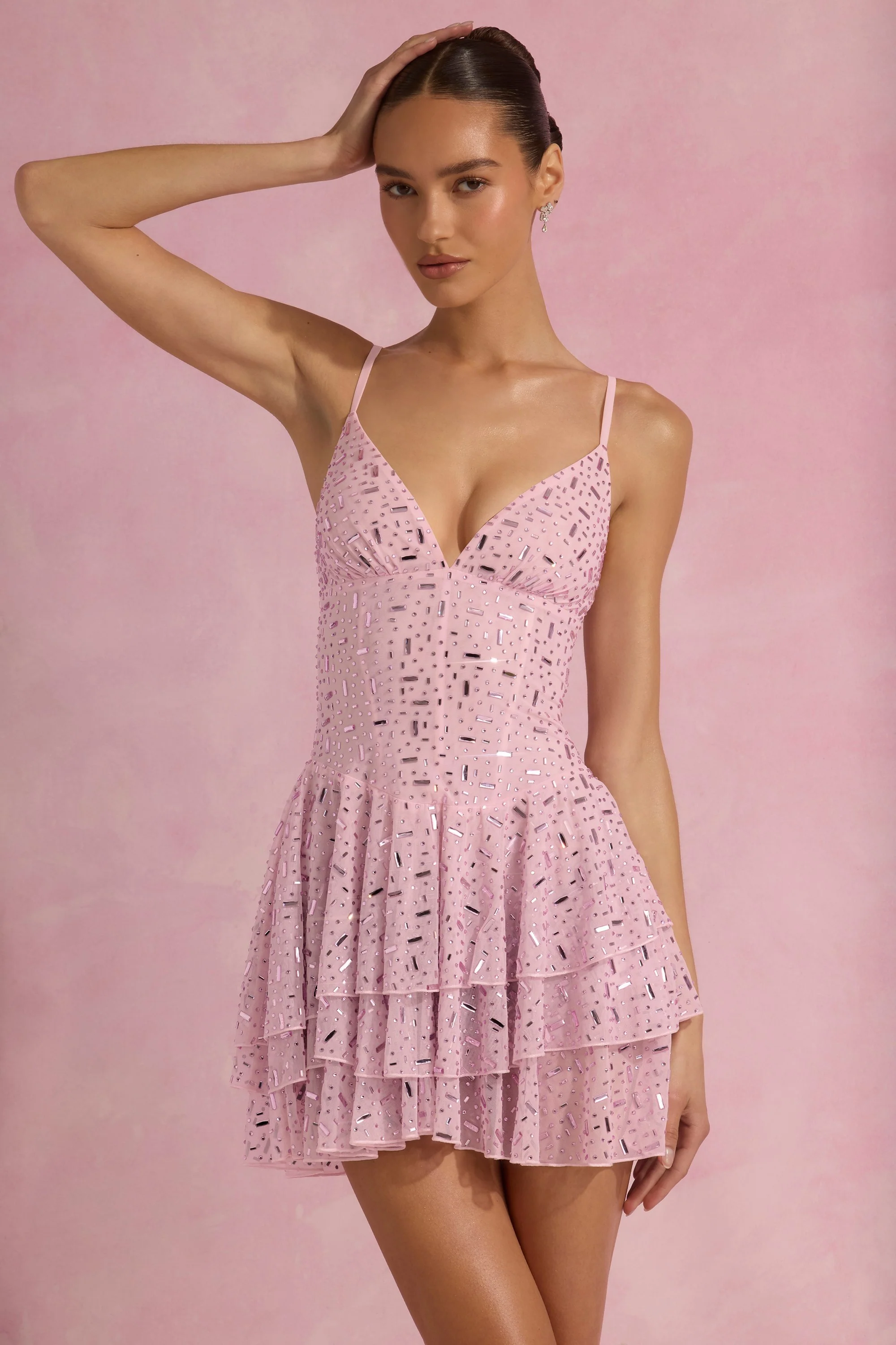 Embellished Ruffled Tiered Mini Dress in Pink - TREBLEV