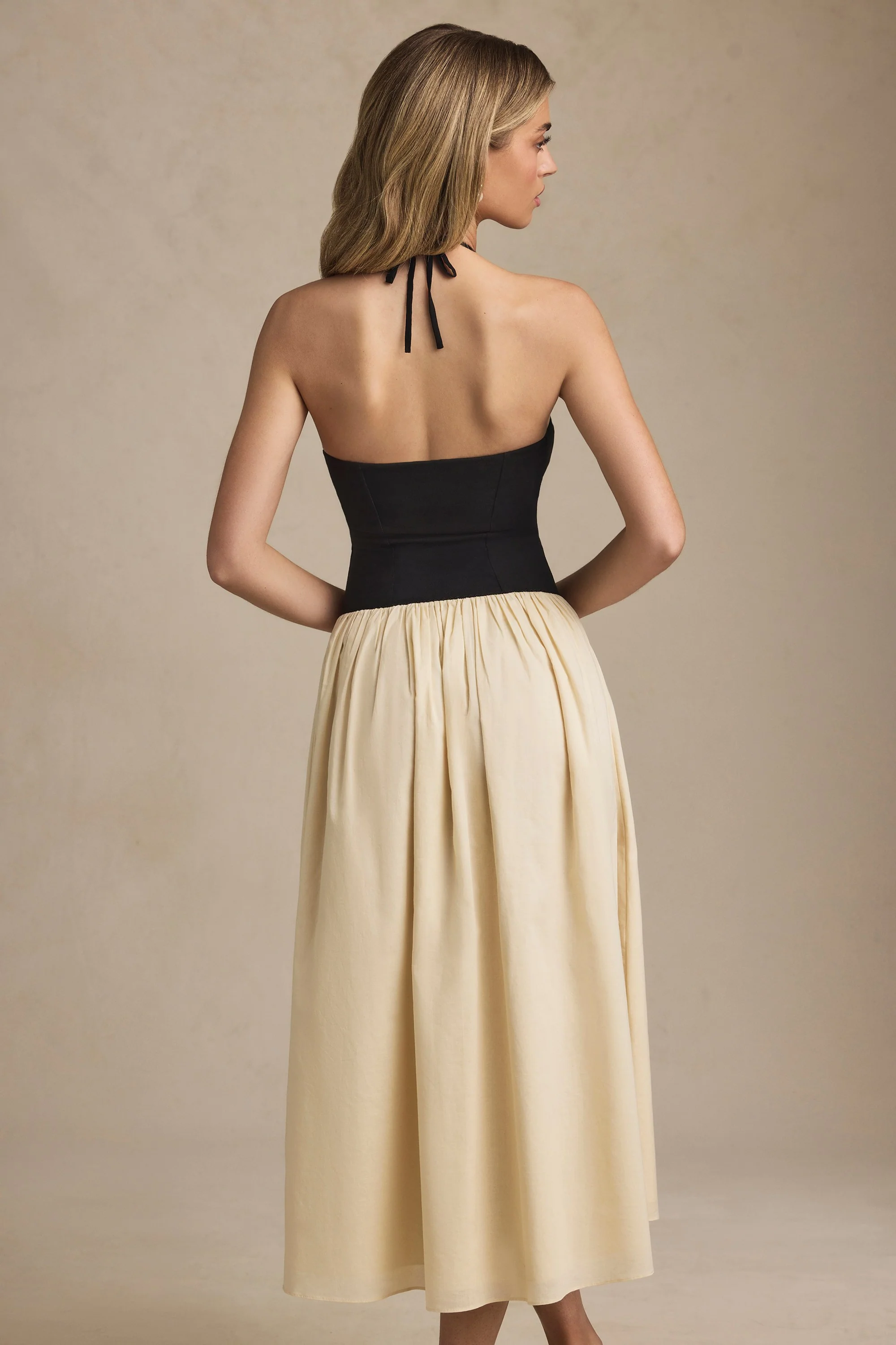 Halterneck A-Line Midaxi Dress in Black - TREBLEV