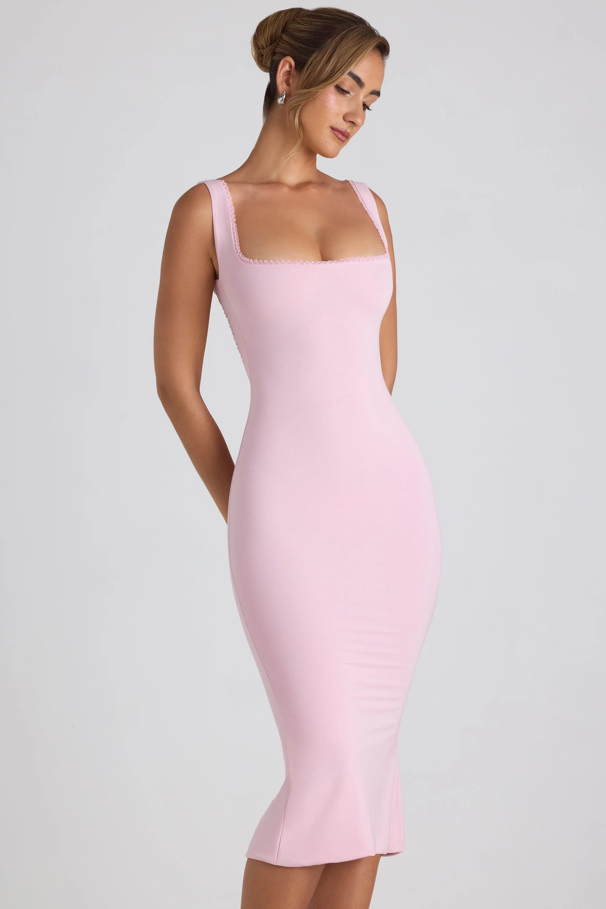 Modal Lace-Trim Midaxi Dress in Soft Pink - TREBLEV