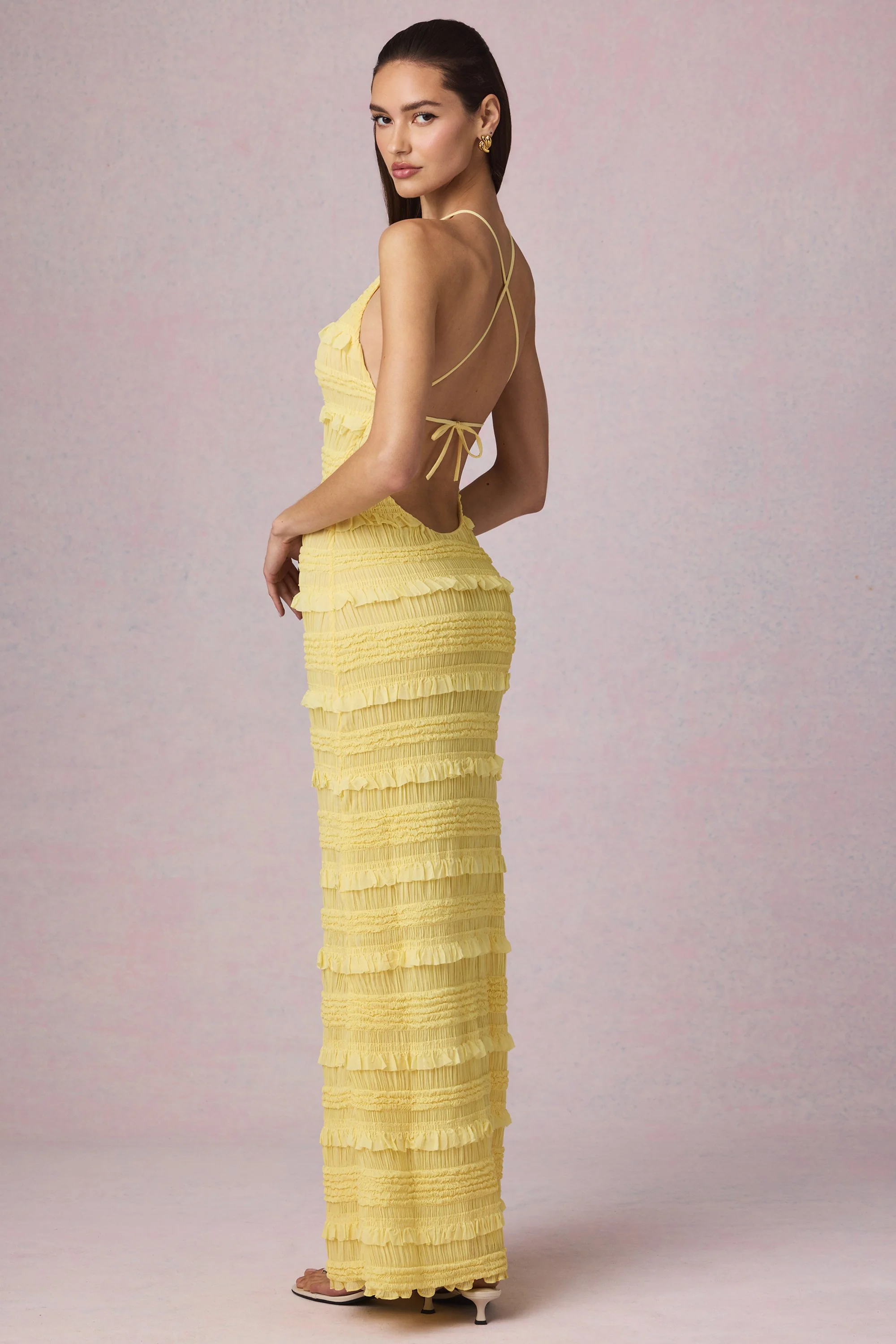 Ruffled Backless Halterneck Maxi Dress in Lemon Yellow - TREBLEV