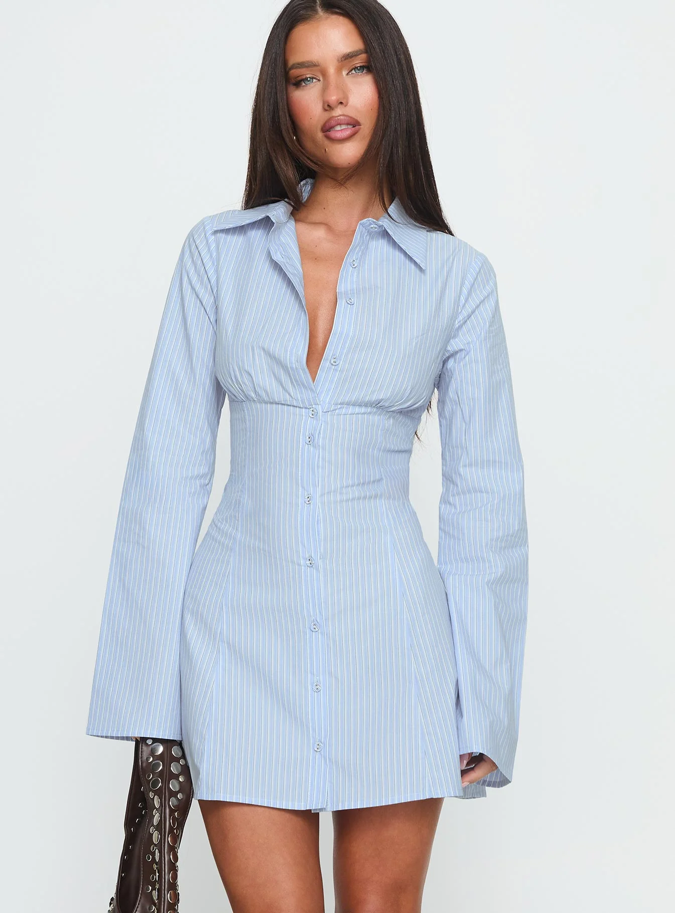 Tawni Long Sleeve Shirt Mini Dress Blue - TREBLEV