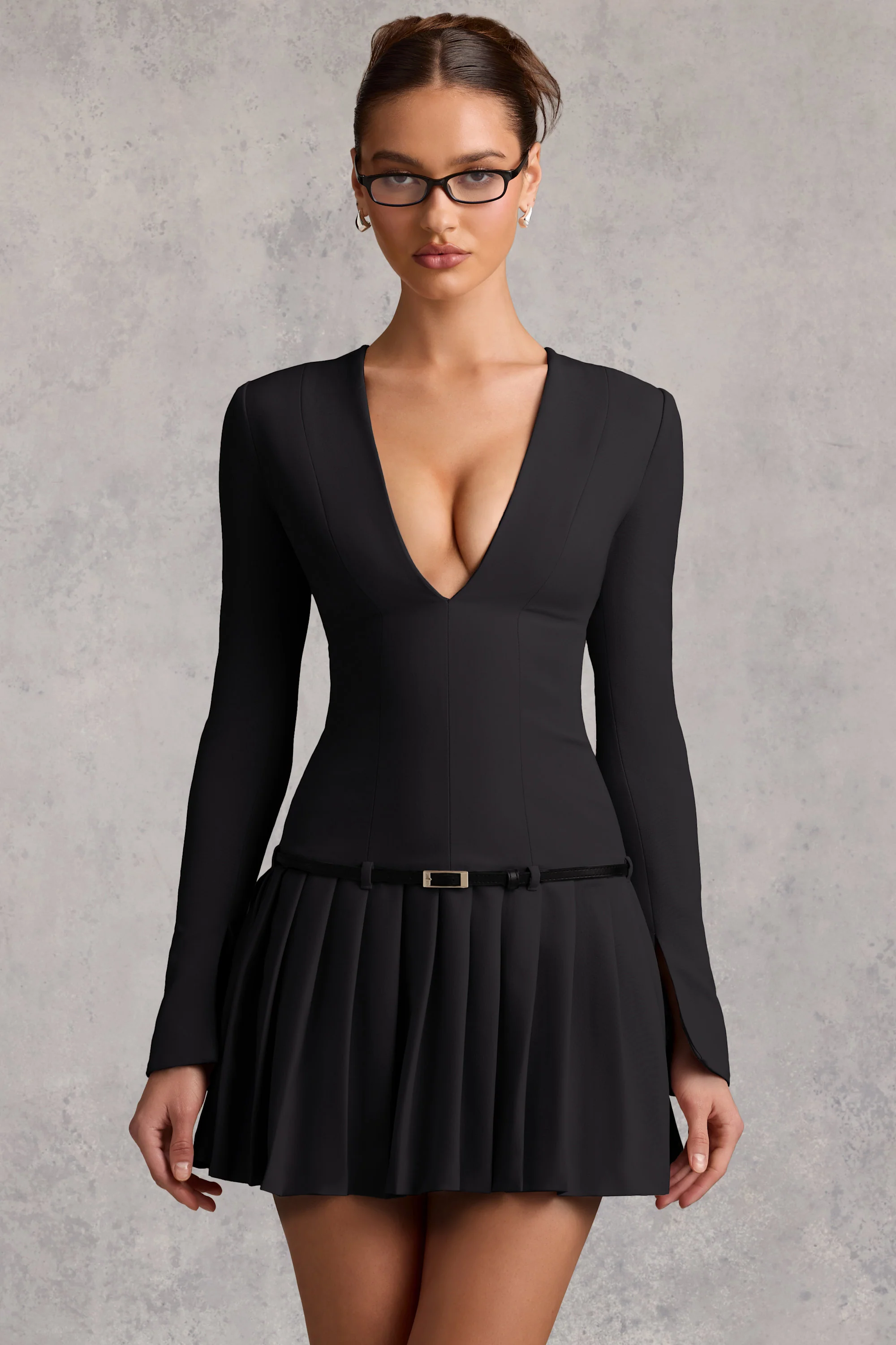 Long-Sleeve Pleated Mini Dress in Black - TREBLEV