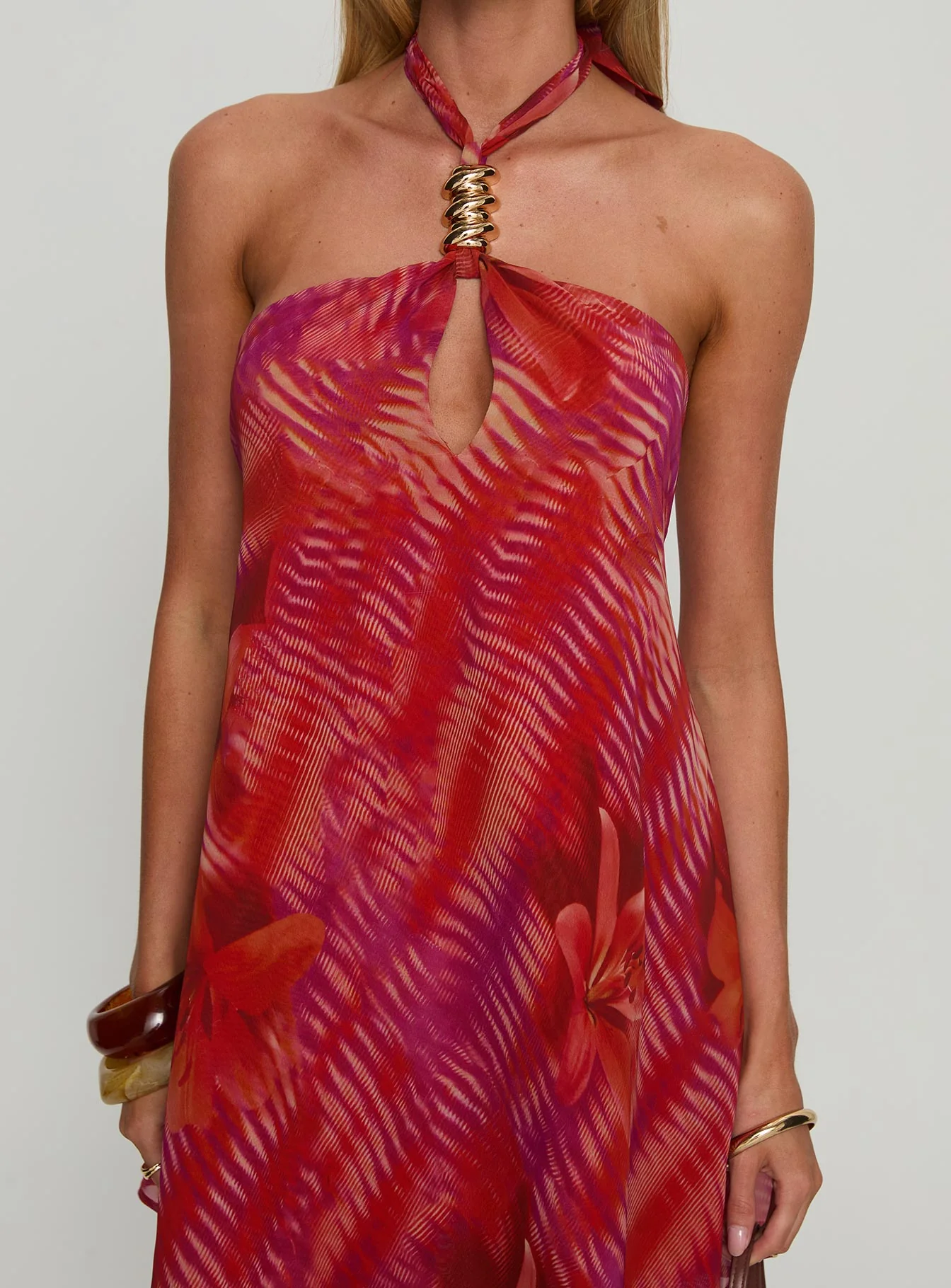 Magica Halter Keyhole Mini Dress Red Floral - TREBLEV