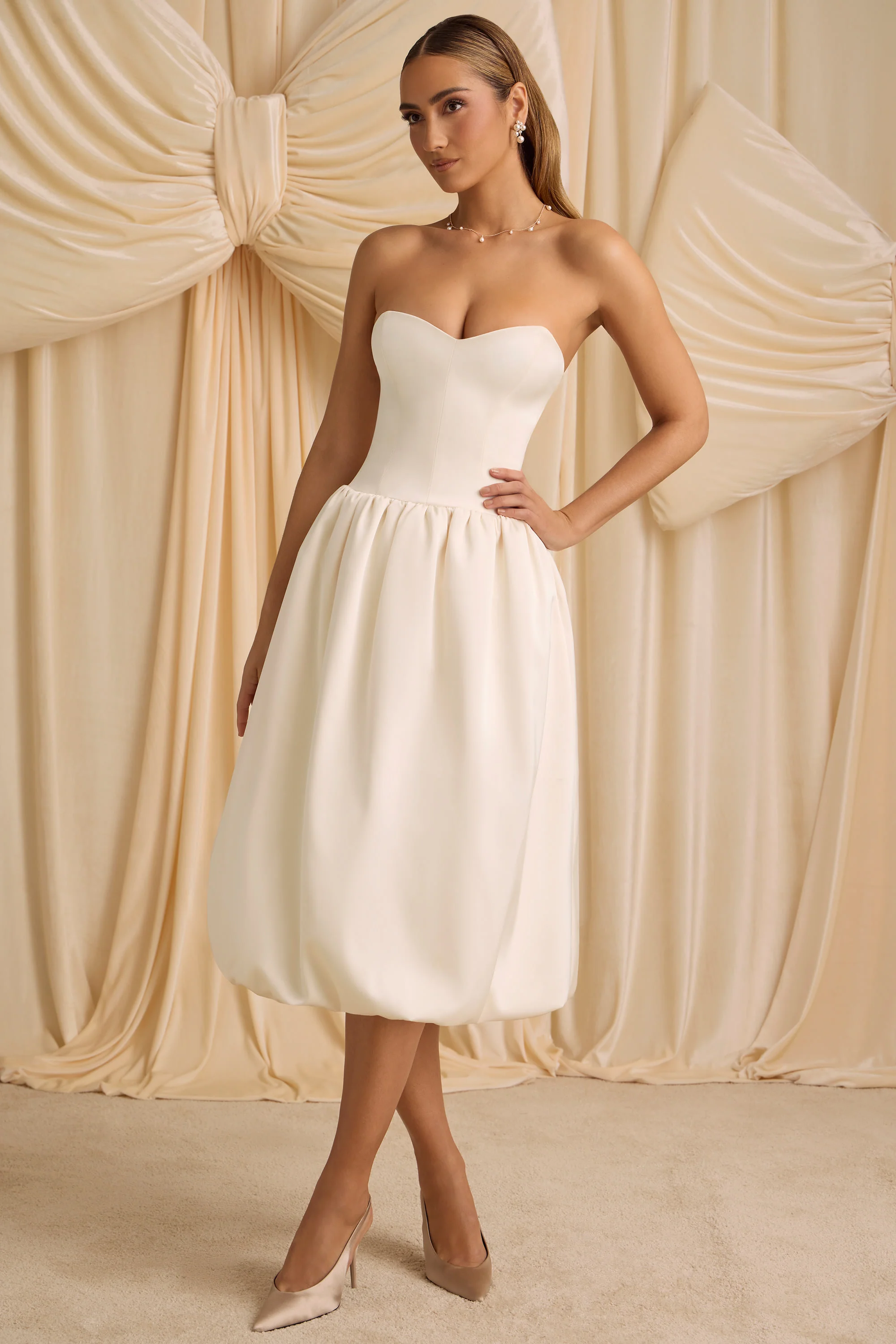 Convertible Bow-Detail Bubble Hem Midaxi Dress in Ivory - TREBLEV
