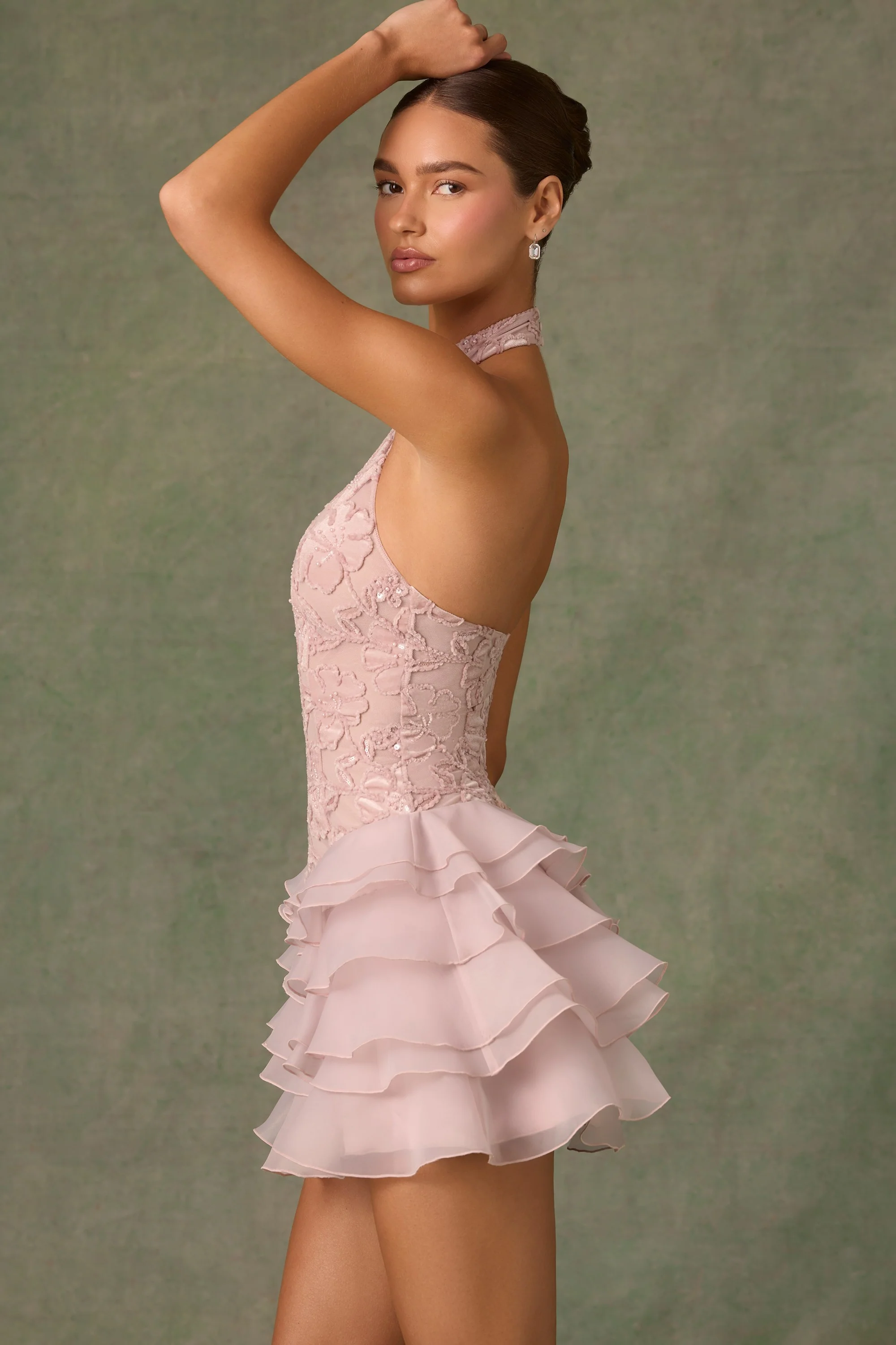 Embellished Ruffled Halterneck Mini Dress in Dusty Rose - TREBLEV