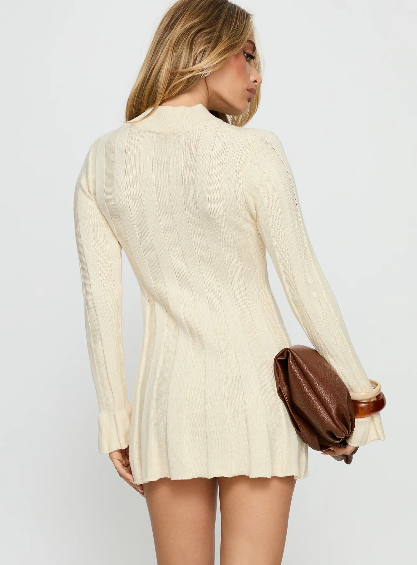 Carlee Rib Long Sleeve Mini Dress Cream - TREBLEV