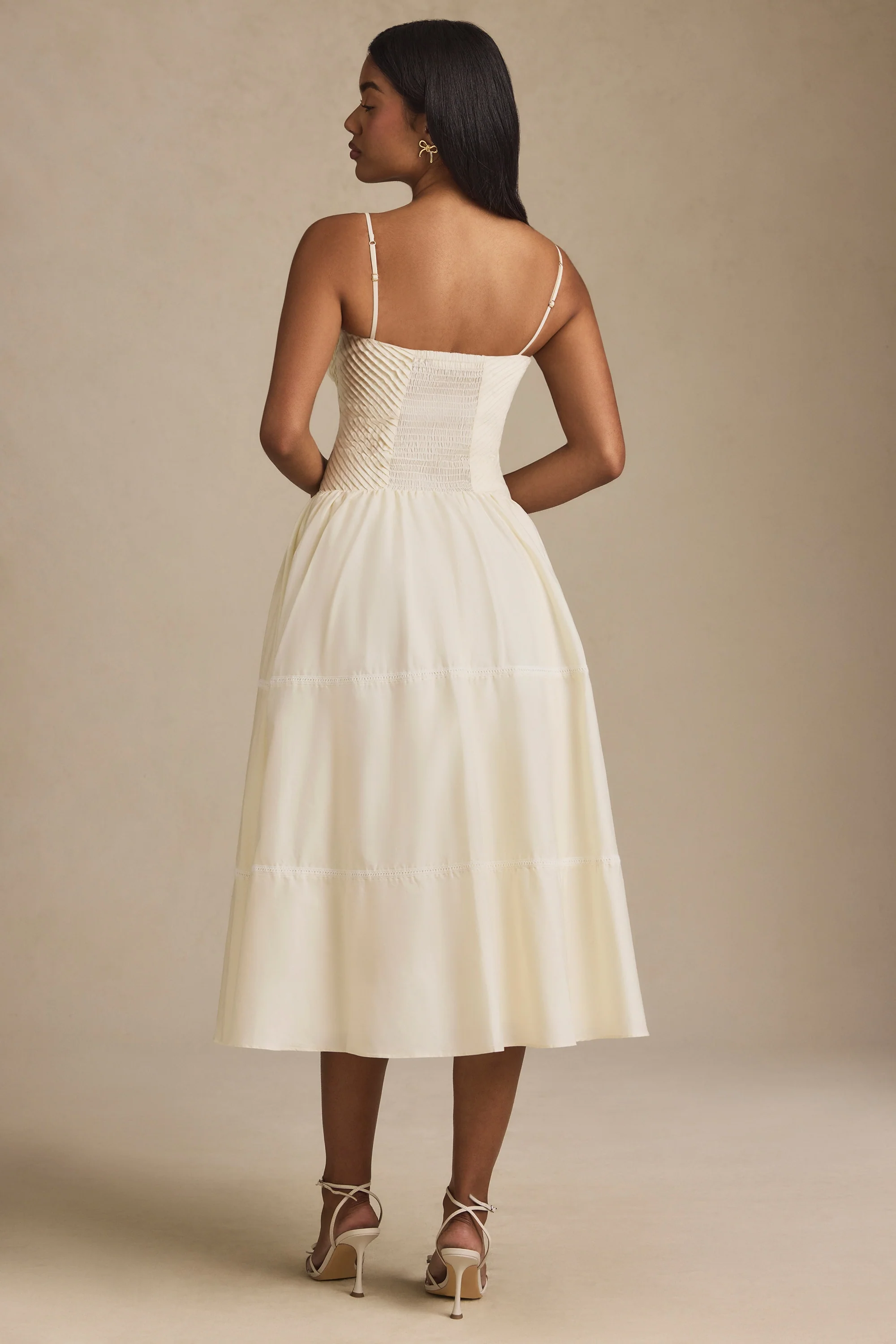 Lace-Trim Pintucked Poplin Midaxi Dress in Ivory - TREBLEV