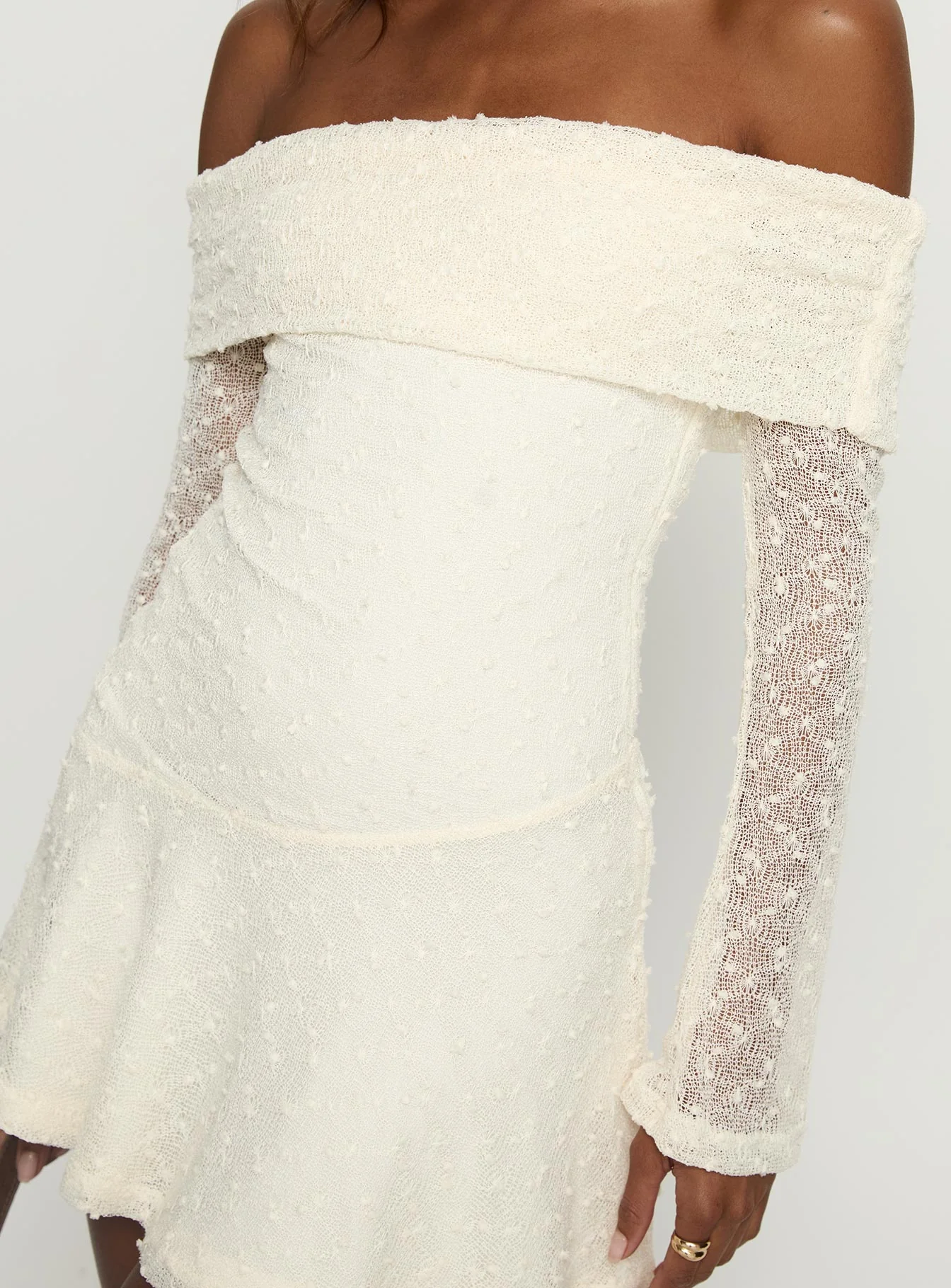 Ivee Off Shoulder Long Sleeve Mini Dress Cream - TREBLEV