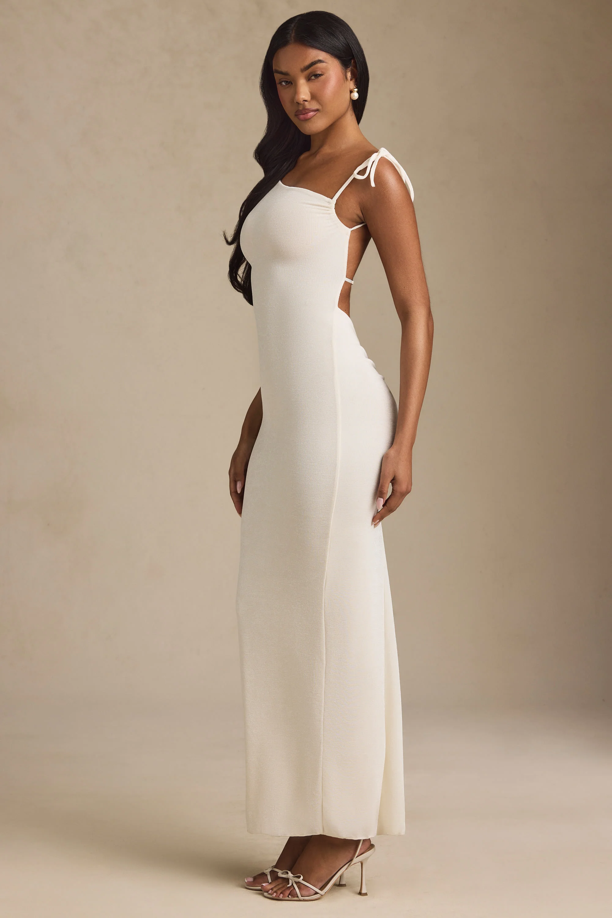 Textured Jersey Backless Maxi Dress in Ivory - TREBLEV