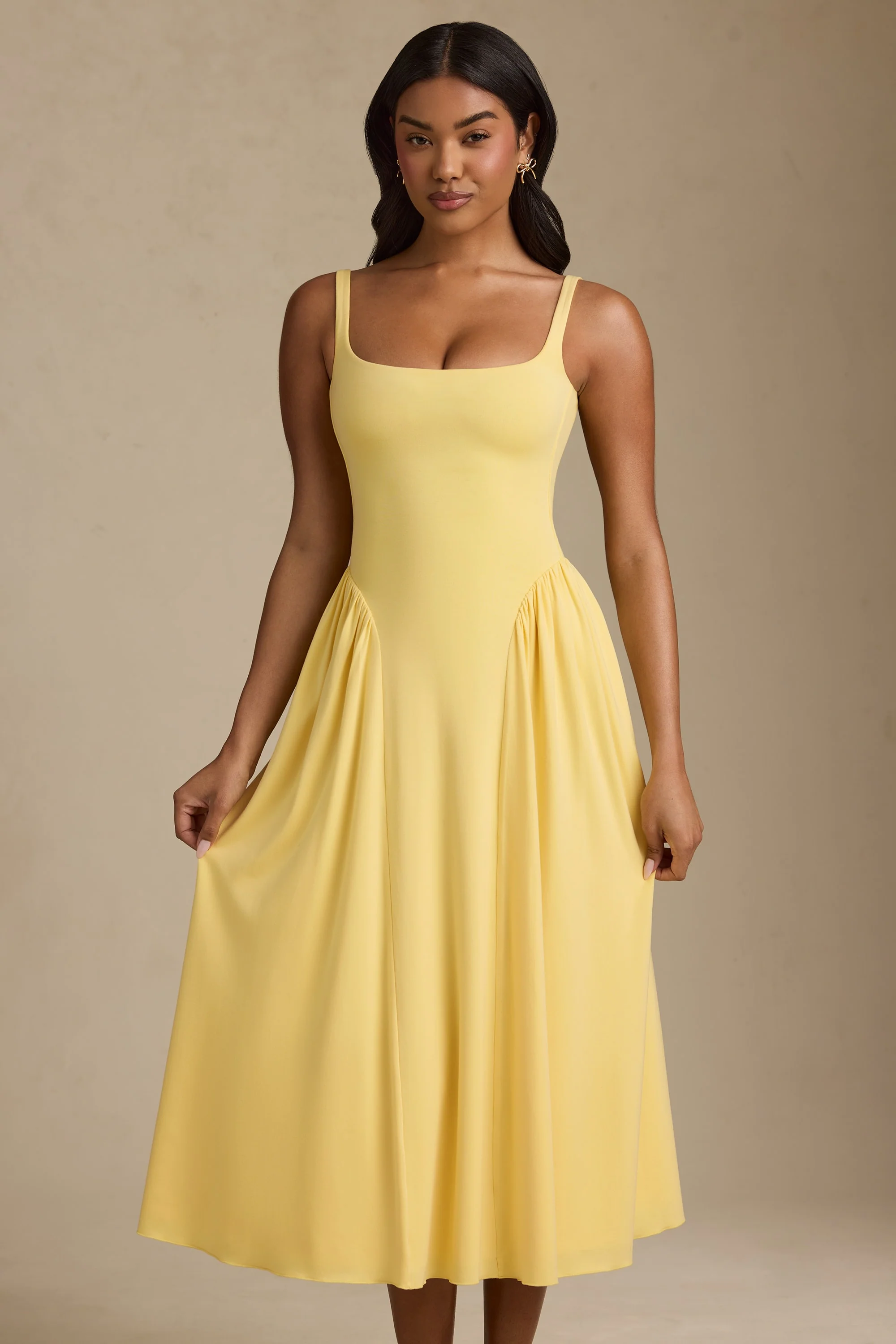 Modal A-Line Midaxi Dress in Pastel Yellow - TREBLEV