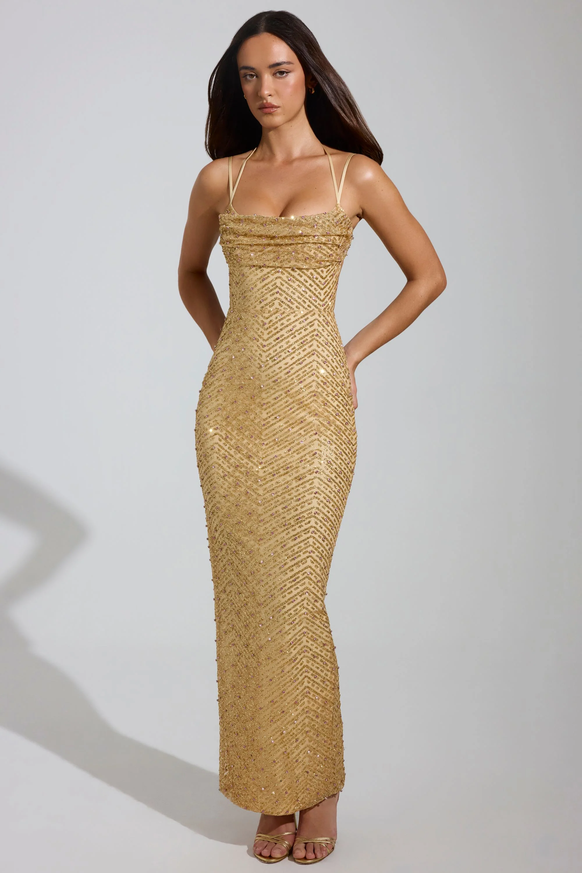 Embellished Cowl-Neck Maxi Dress in Gold - TREBLEV