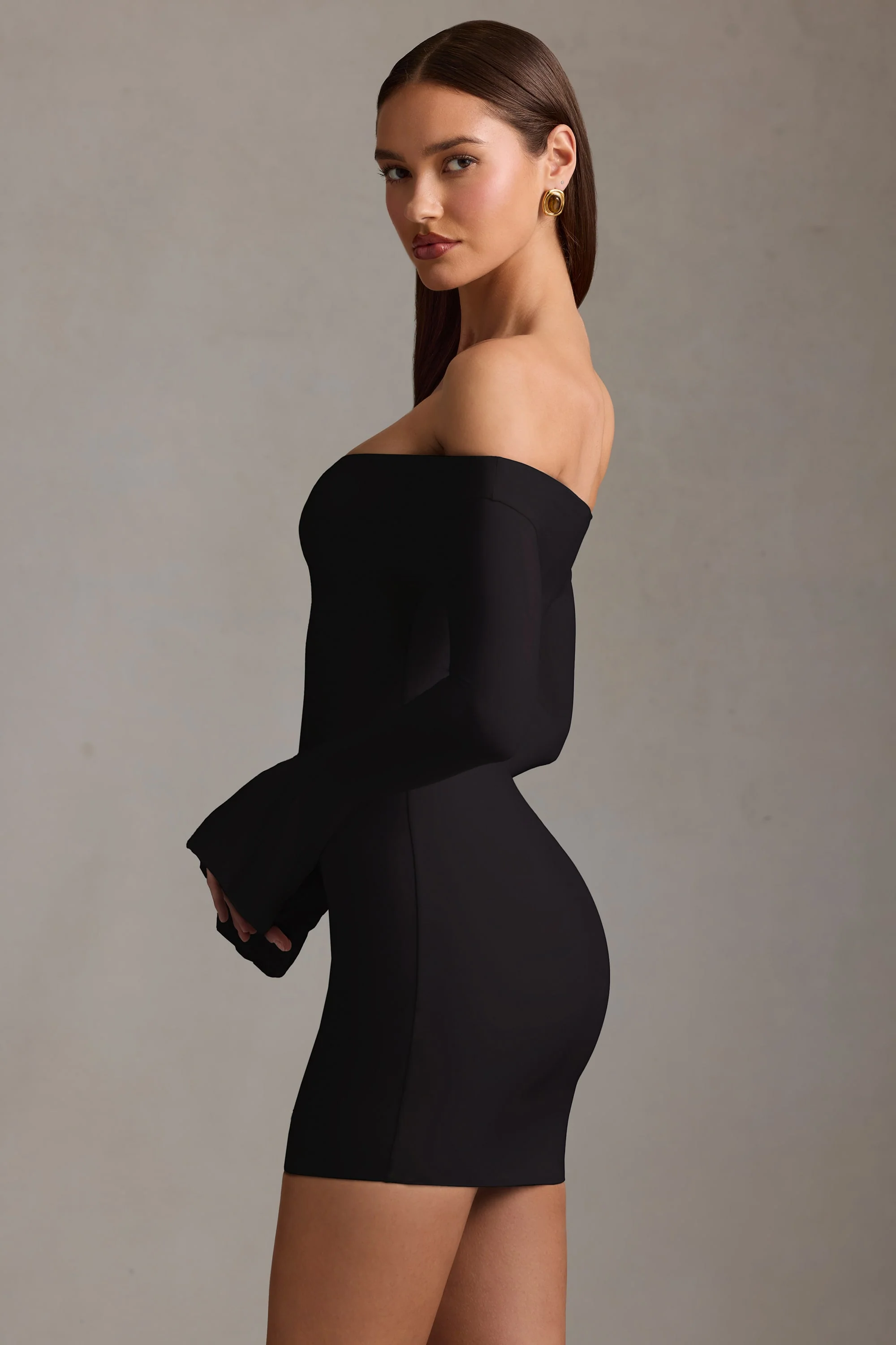 Off-Shoulder Cut-Out Mini Dress in Black - TREBLEV