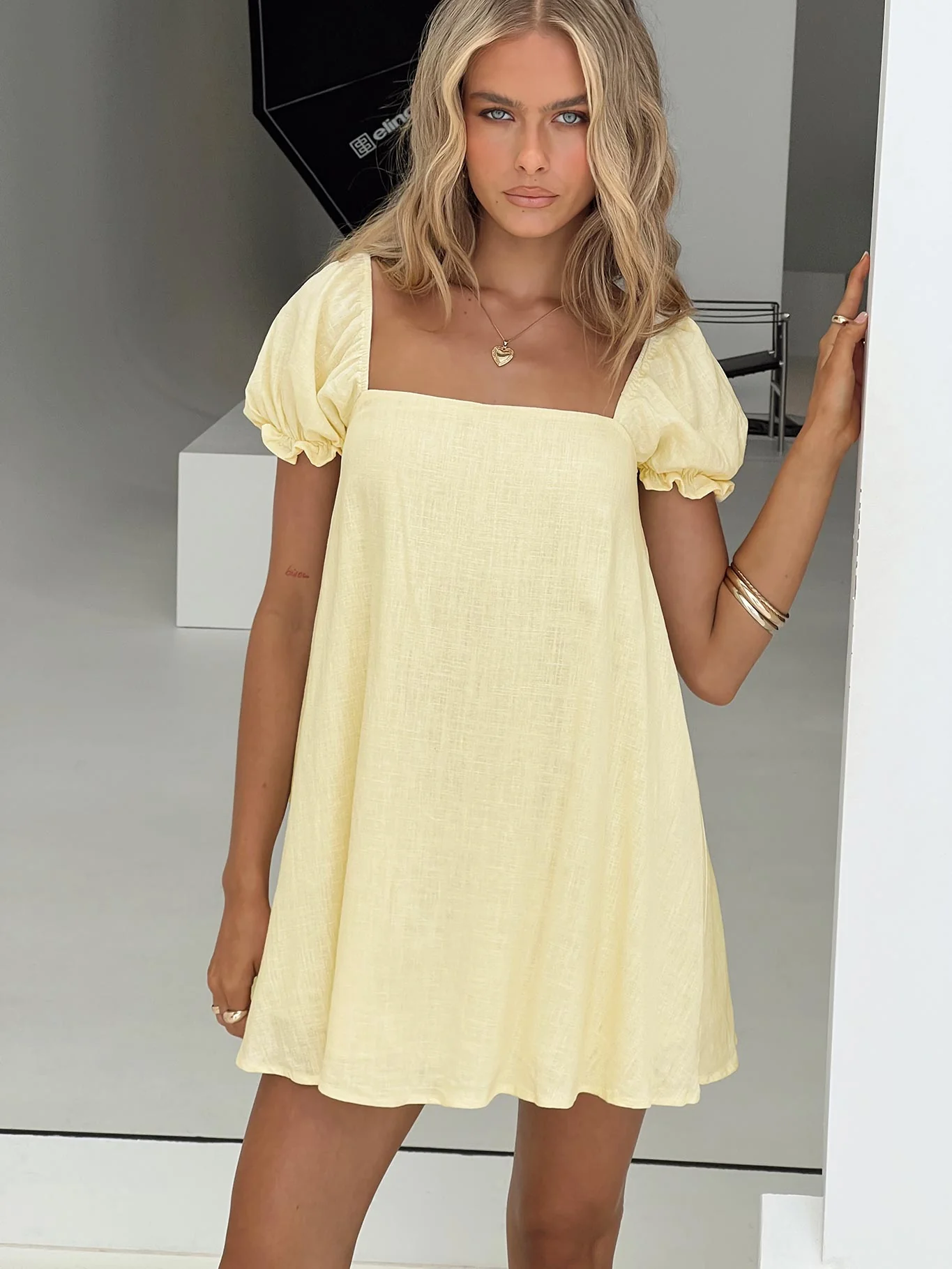 Beyond Linen Blend Mini Dress Yellow - TREBLEV