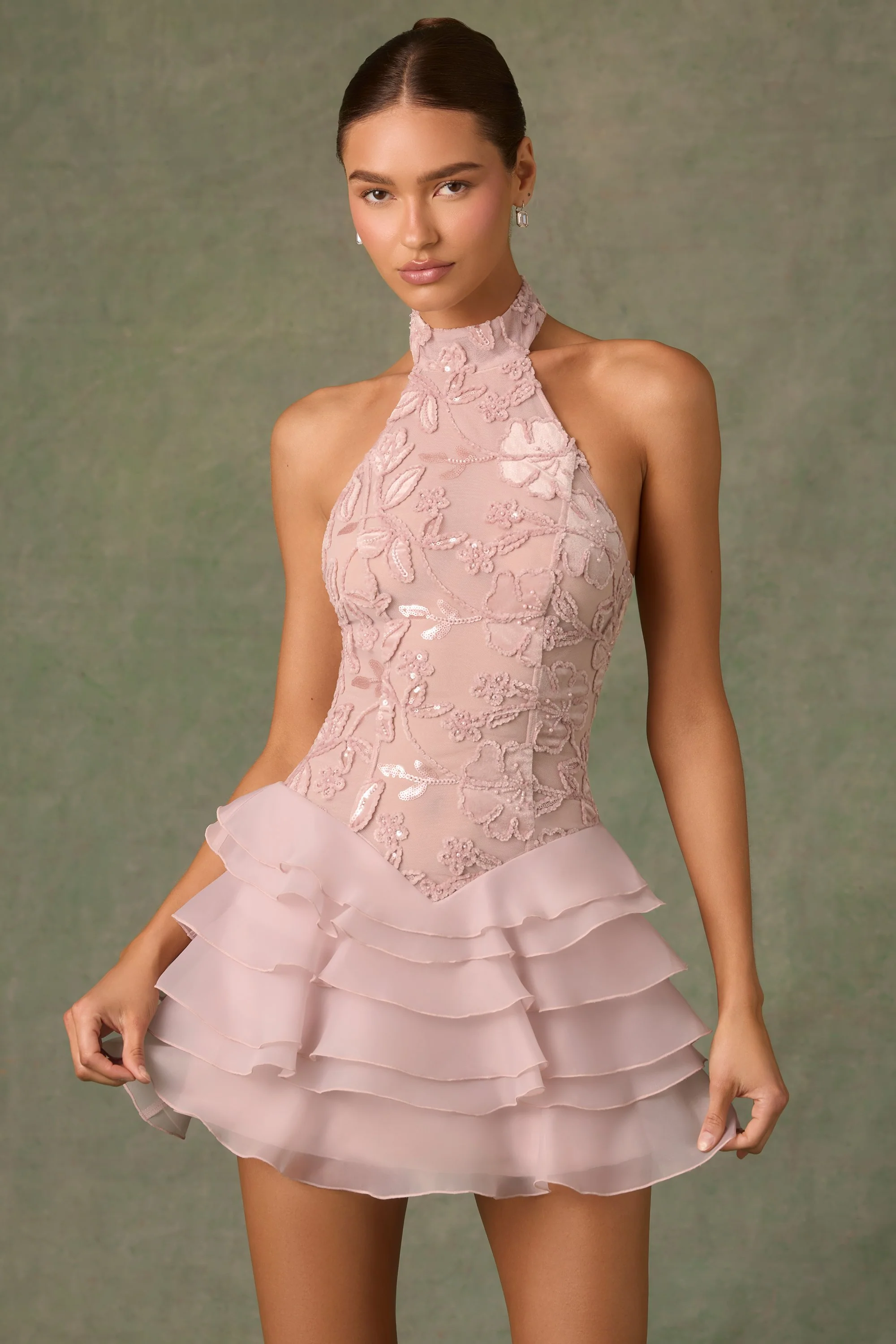Embellished Ruffled Halterneck Mini Dress in Dusty Rose - TREBLEV