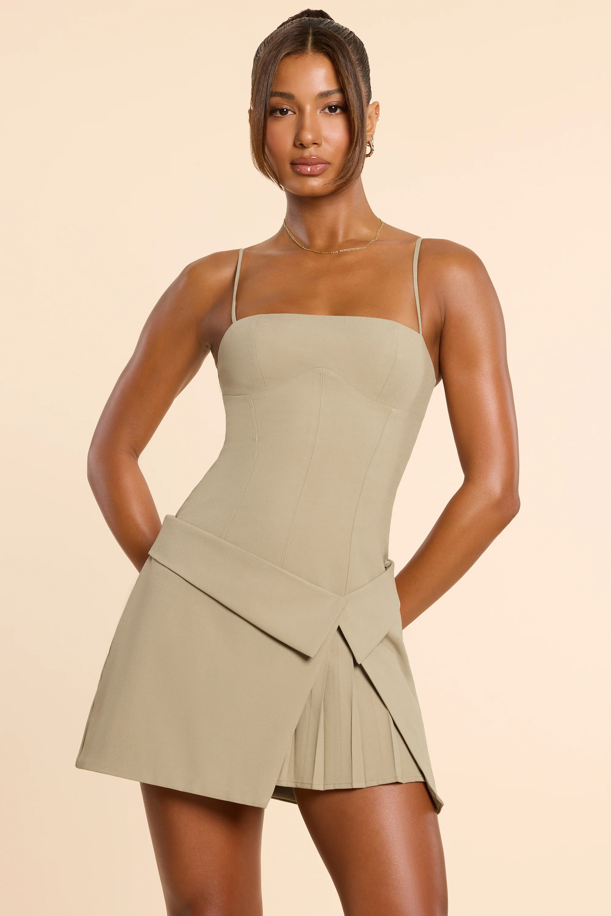 Woven Twill Wrap Over Pleated Mini Dress in Taupe - TREBLEV