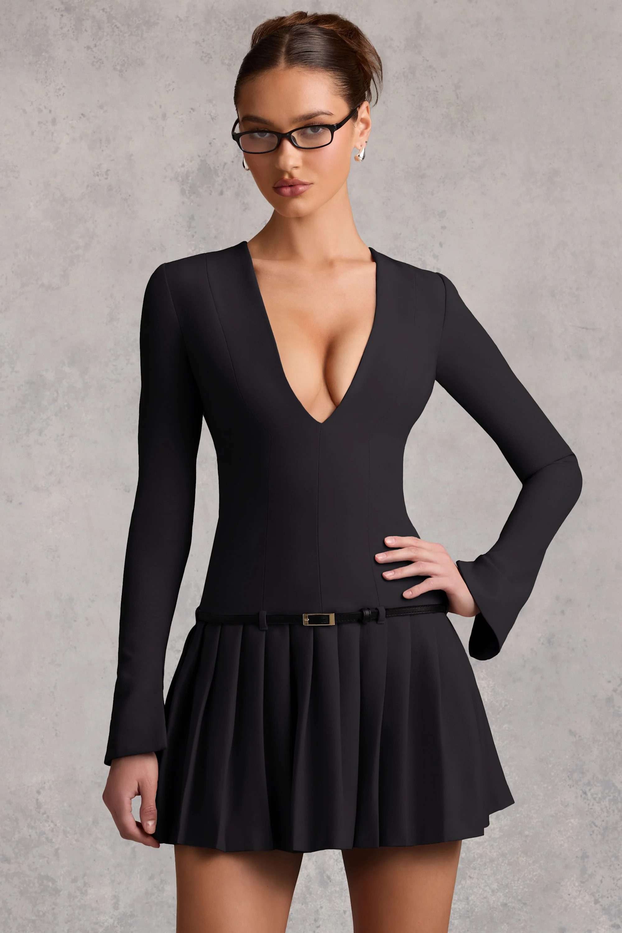 Long-Sleeve Pleated Mini Dress in Black - TREBLEV