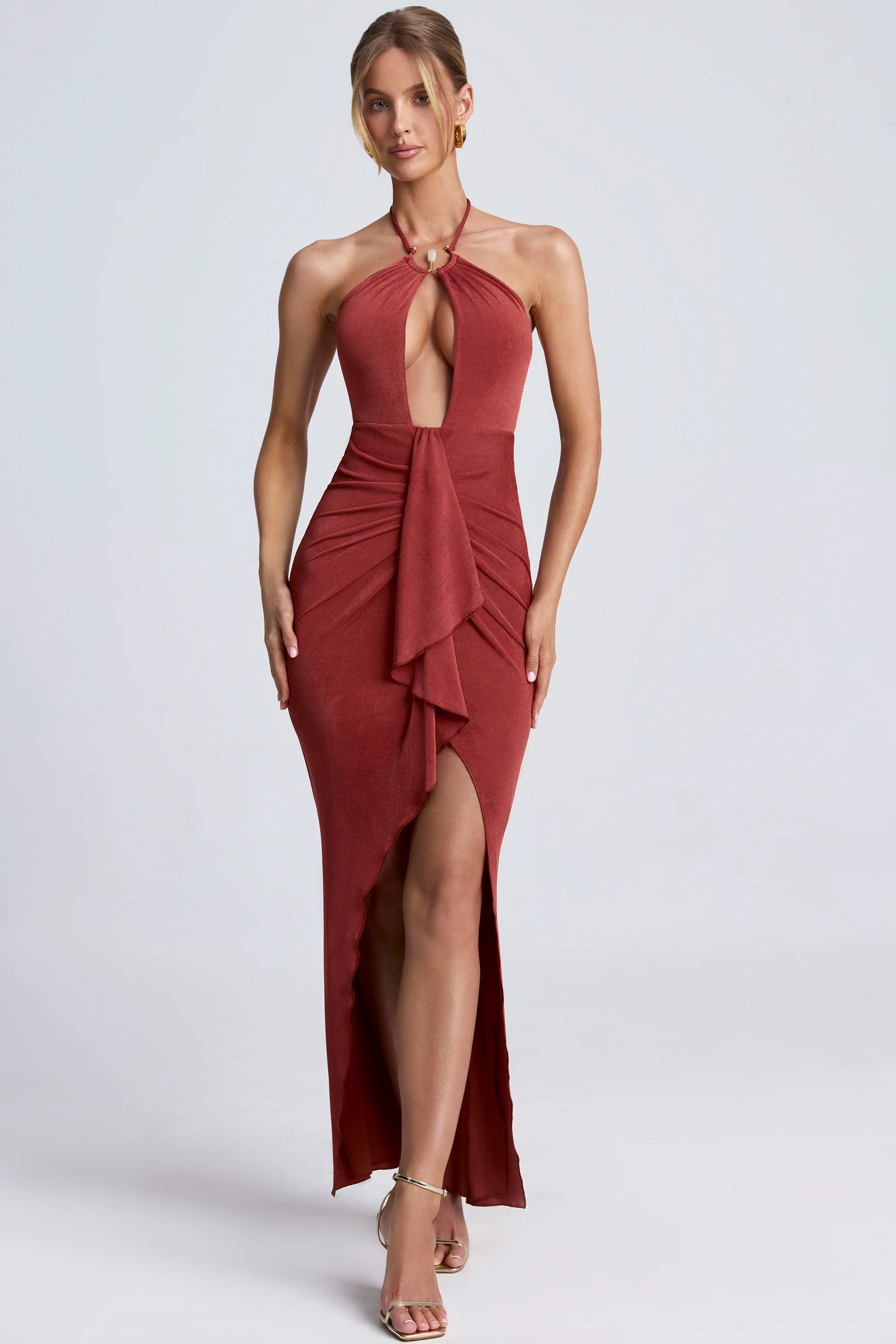 Hardware Detail Cut-Out Halterneck Maxi Dress in Auburn Brown - TREBLEV