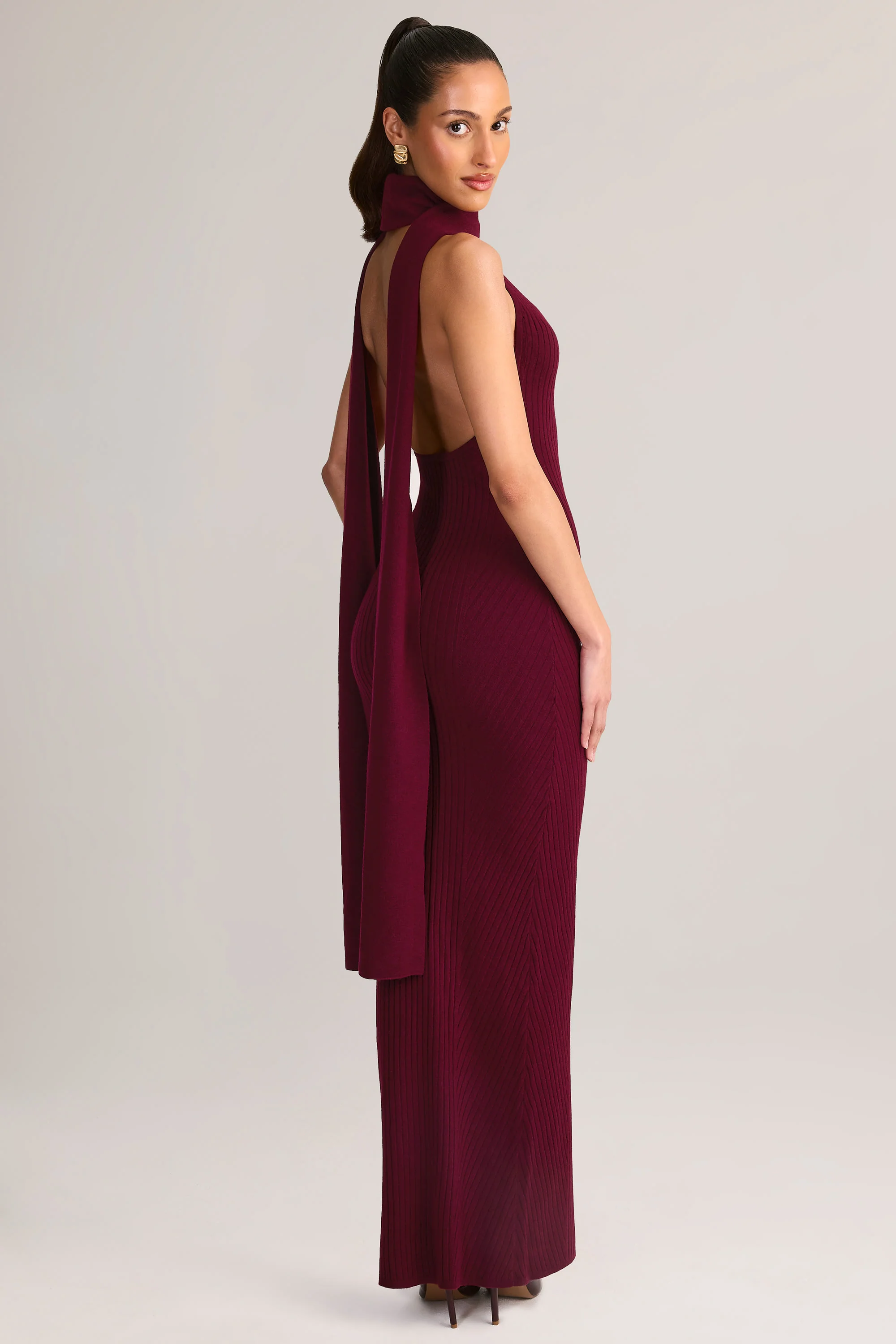 Knit Scarf-Detail Halterneck Maxi Dress in Wine - TREBLEV