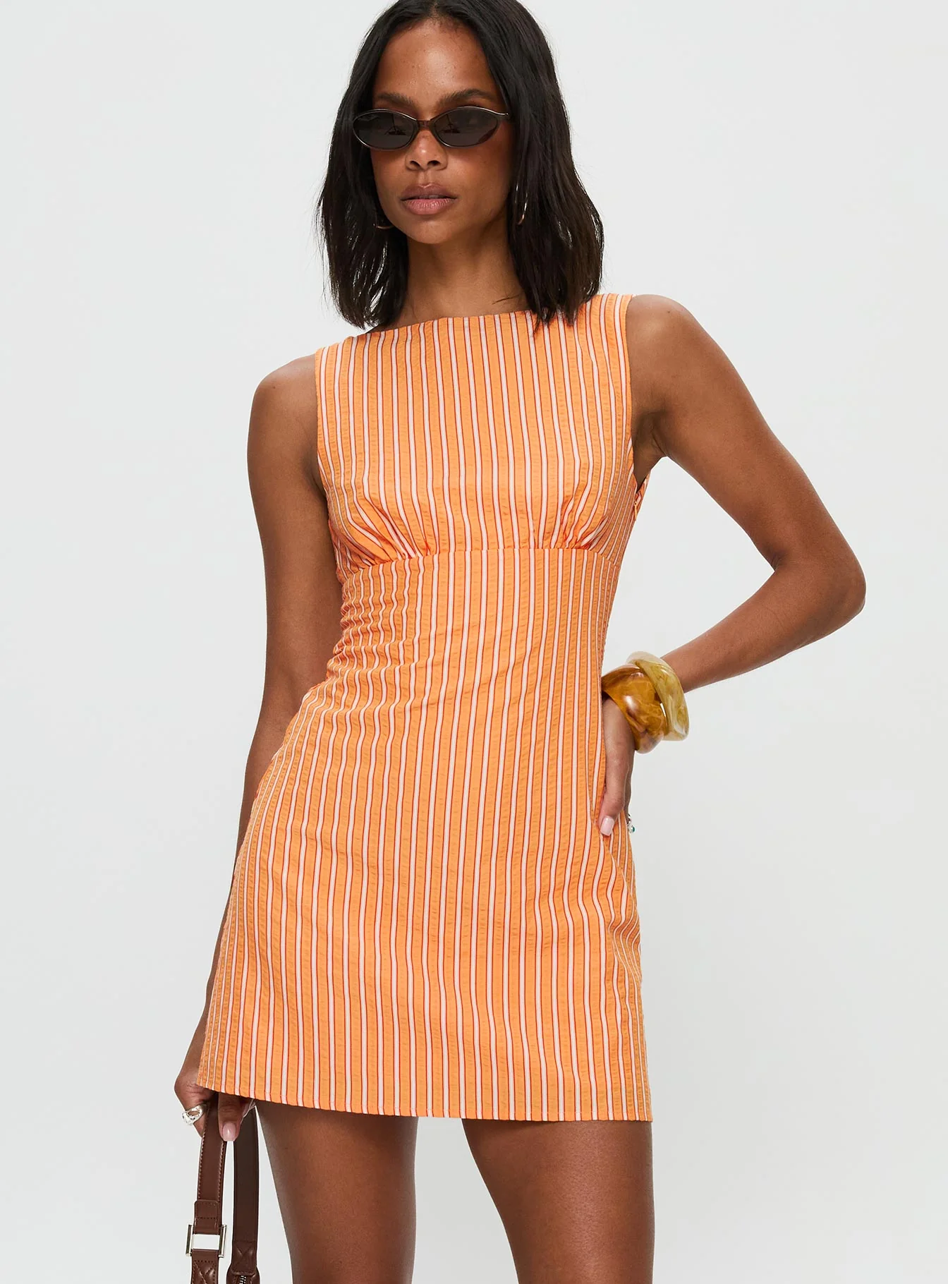 Ellesandra Boat Neck Mini Dress Orange Stripe - TREBLEV
