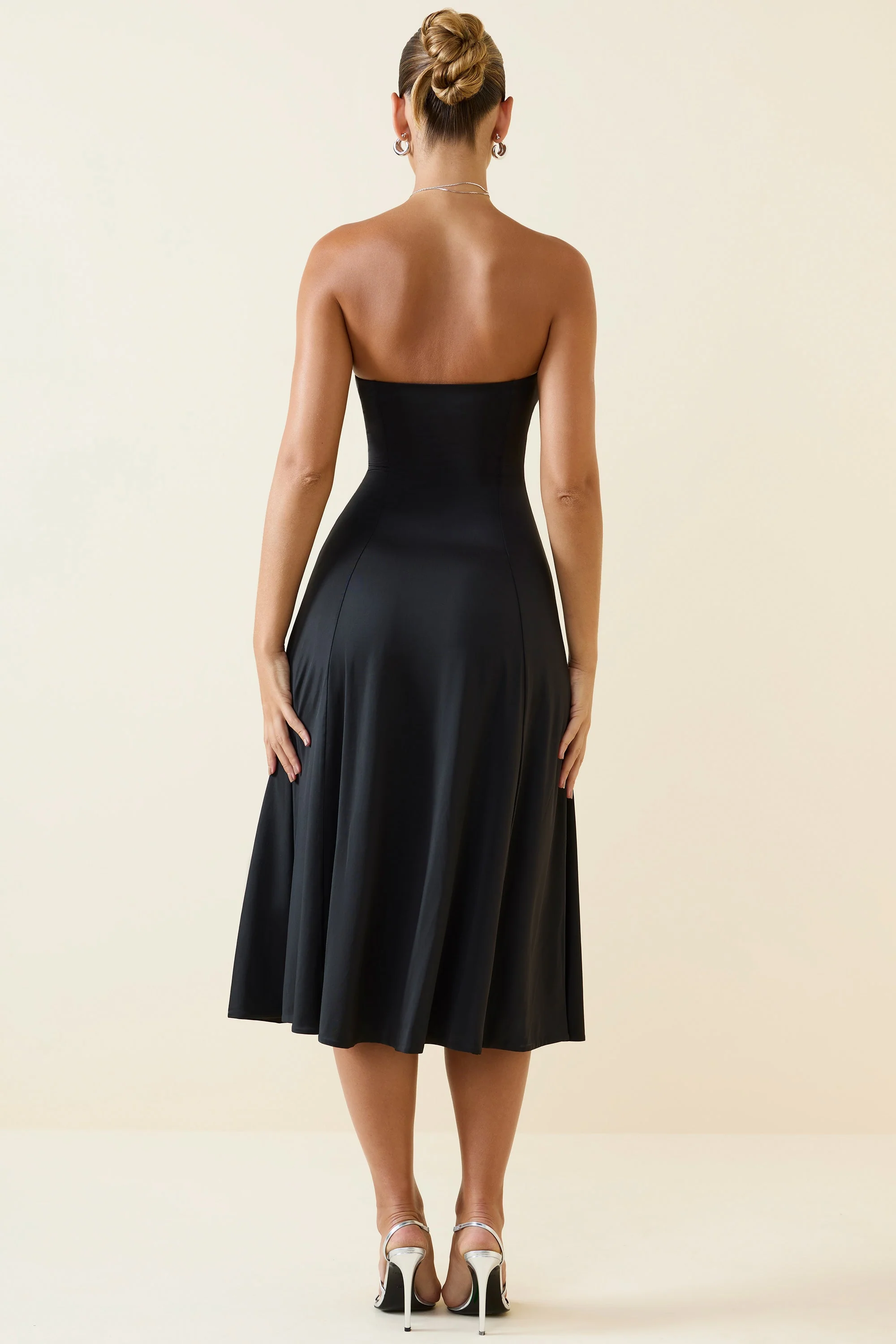 Slinky Jersey Strapless A-Line Midaxi Dress in Black - TREBLEV